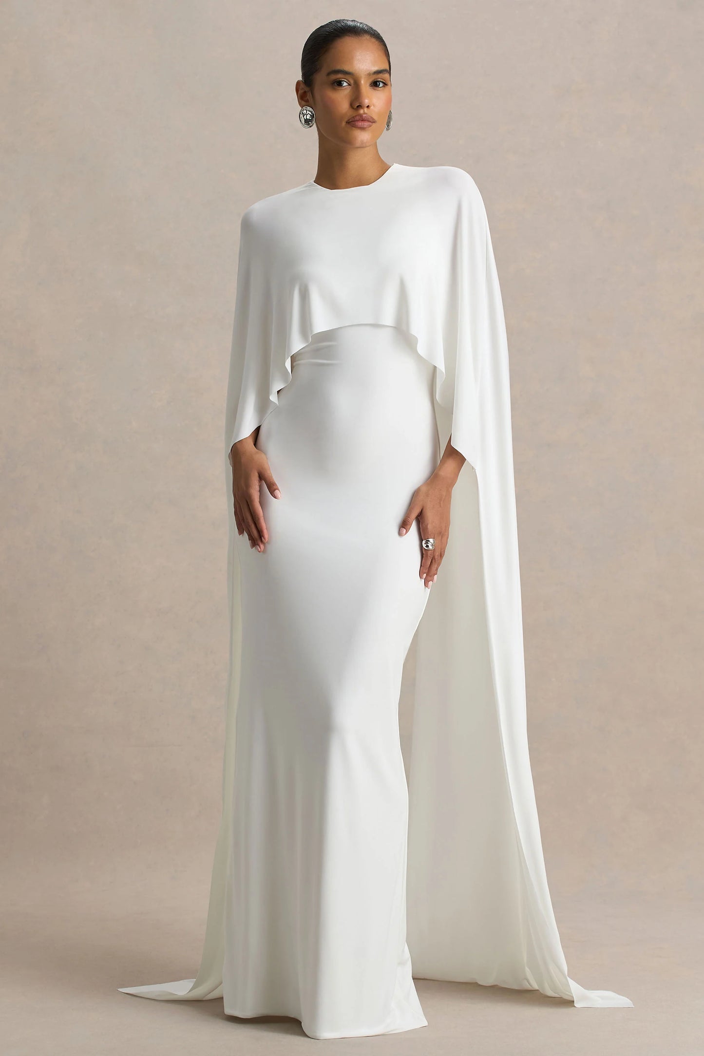 Padma White Draped Maxi Dress With Cape Sleeves
