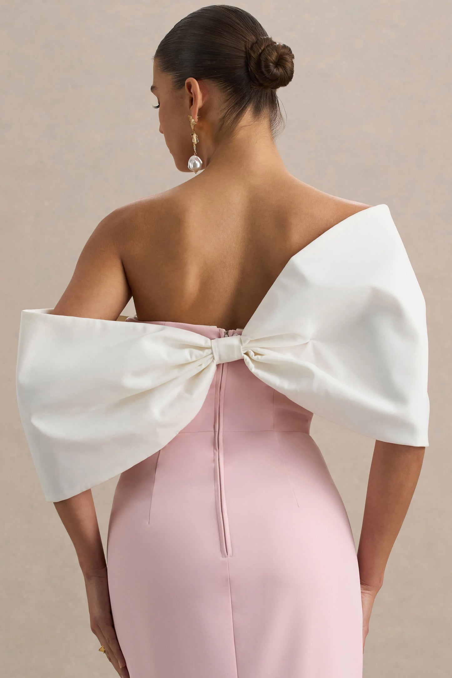 Lucille Rose & Pink Asymmetric Bardot Midi Dress With Bow Detail