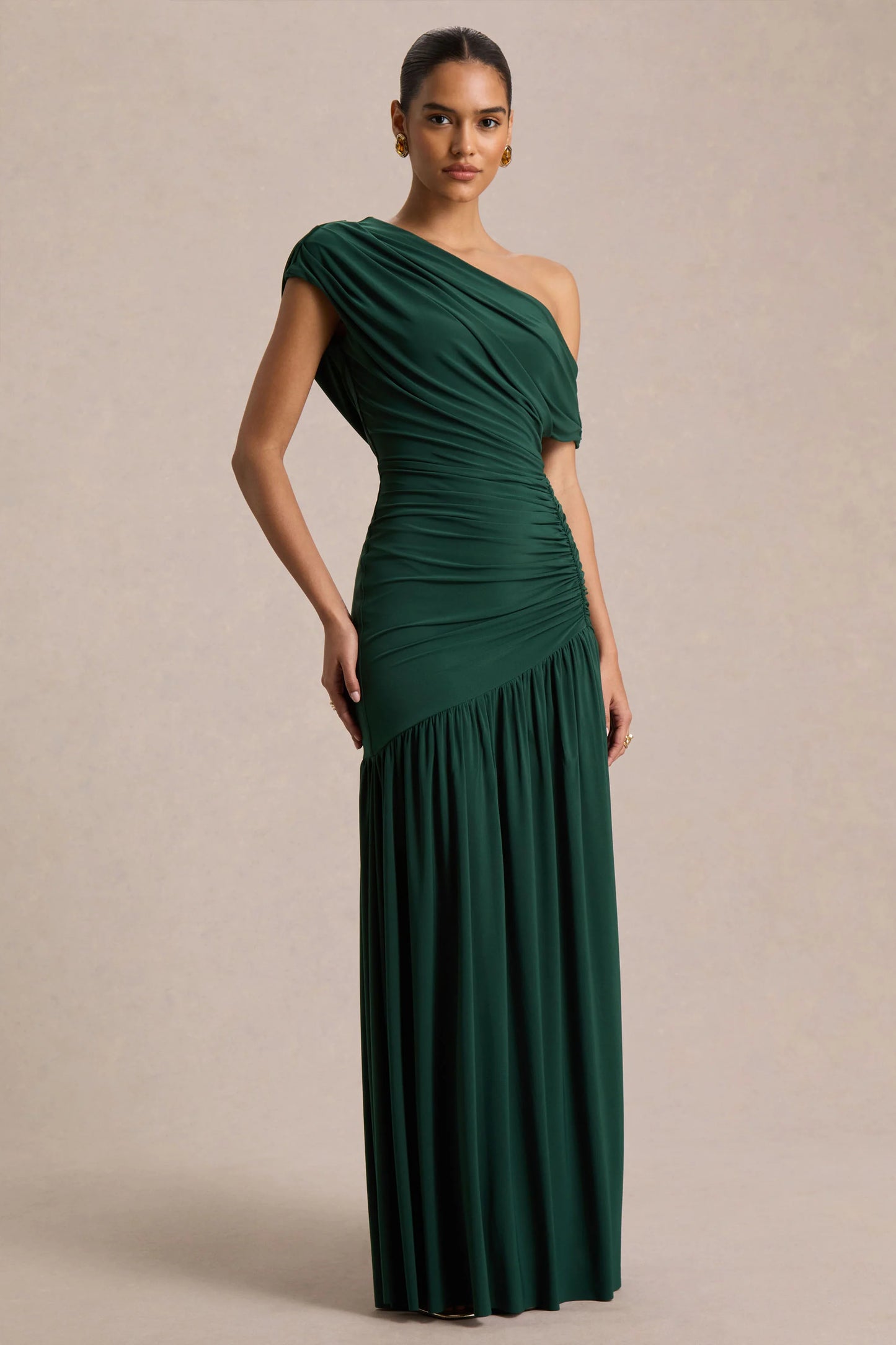 Kady Dark Green Asymmetric-Neck Maxi Dress With Ruched Detailing