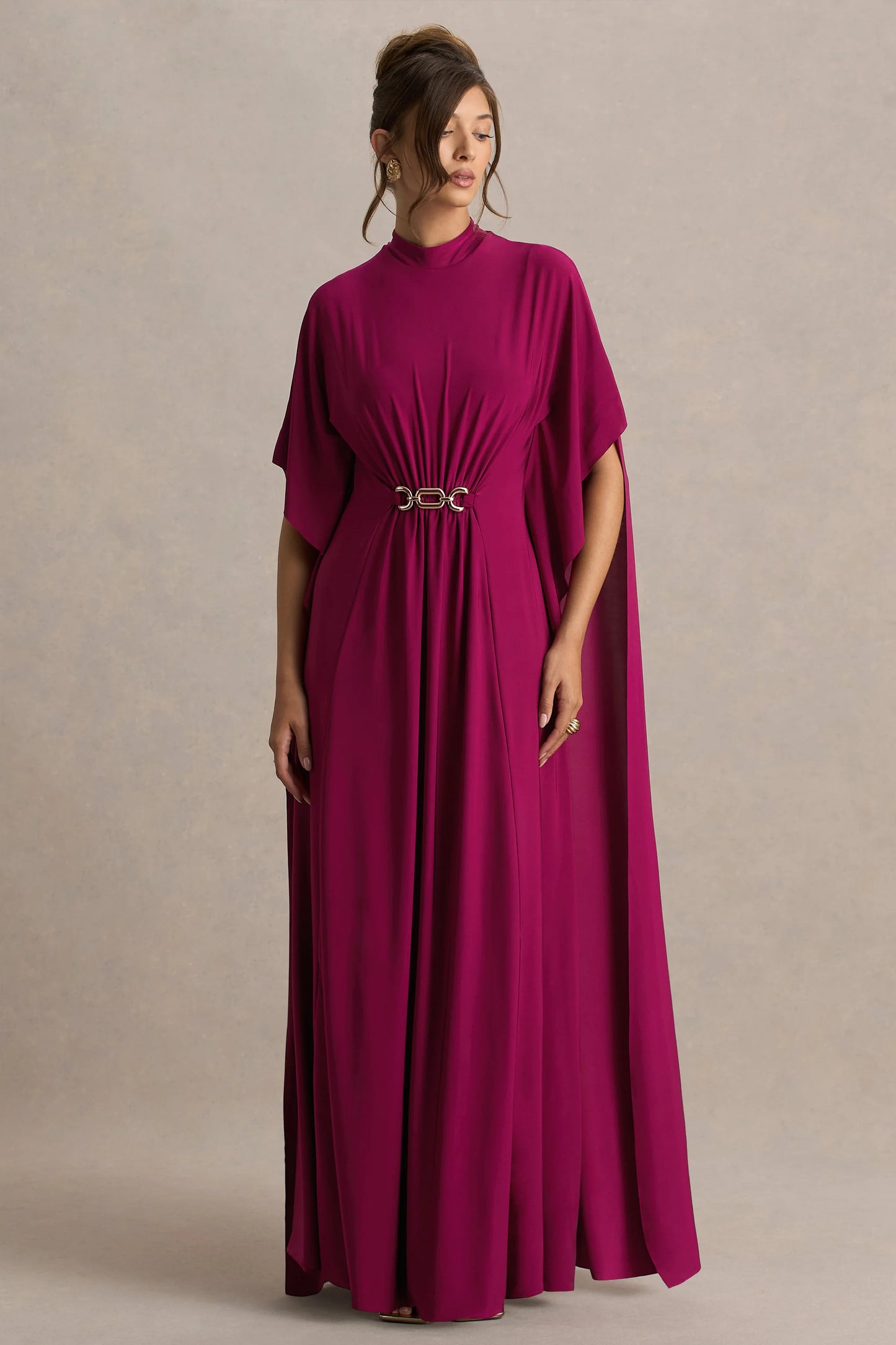 Olessia Burgundy Belted Gathered Cape-Sleeve Maxi Dress