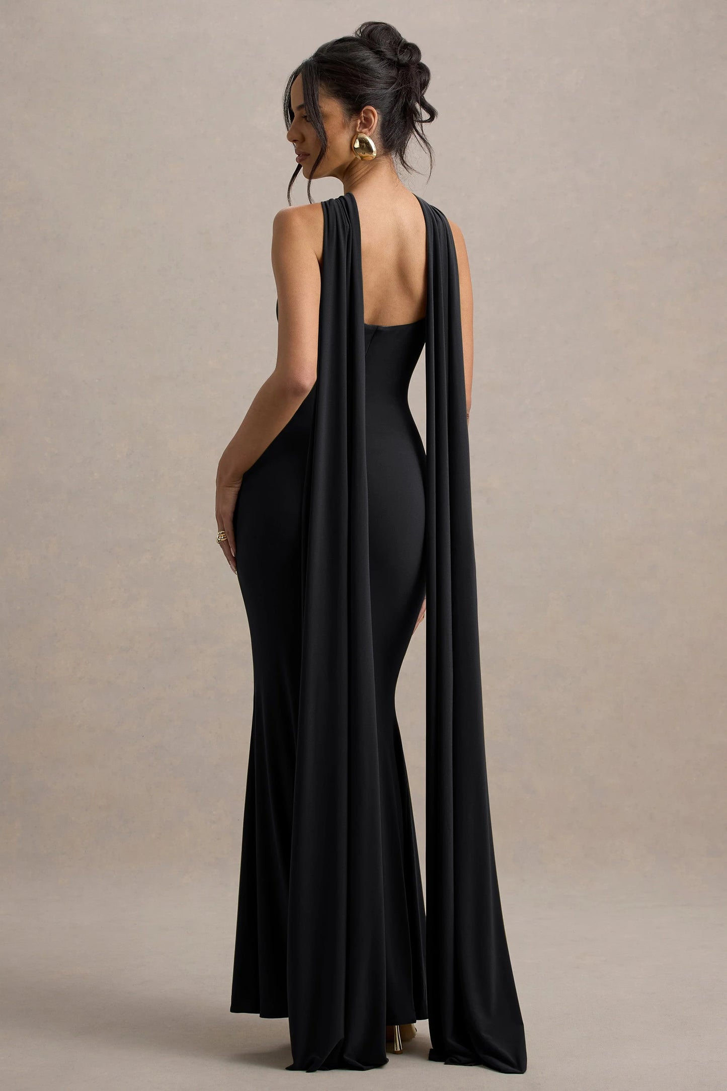 Rhoda Black Twist Halter-Neck Cape Maxi Dress