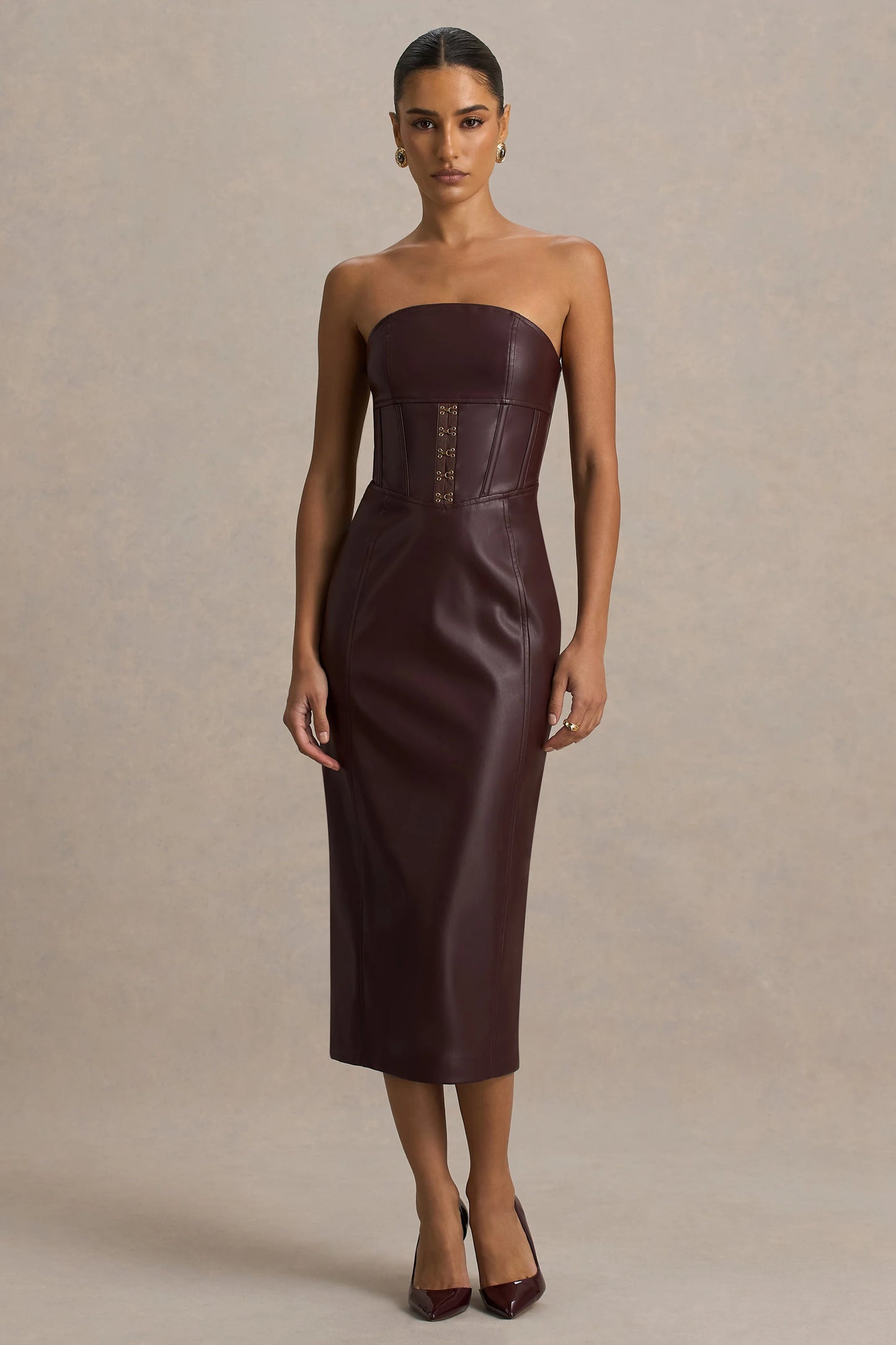Zola Burgundy Faux Leather Bandeau Midi Dress