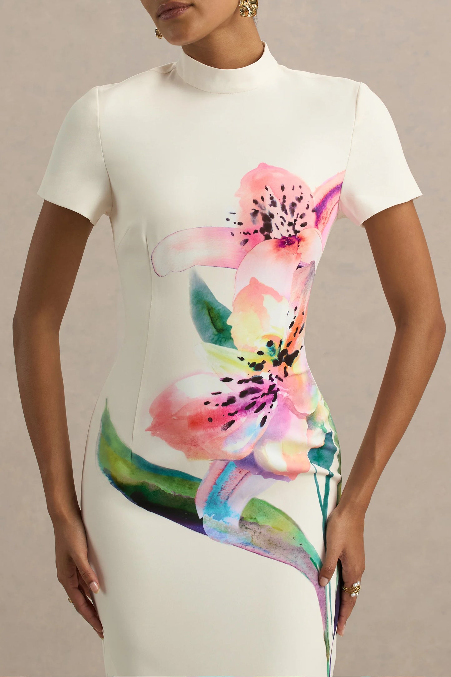 Hessie White Lily Print High-Neck Maxi Dress