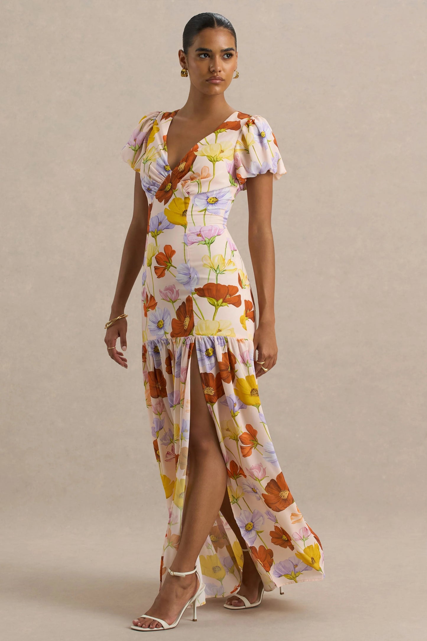 Ginny Bright Floral Print Puff-Sleeve Split Maxi Dress