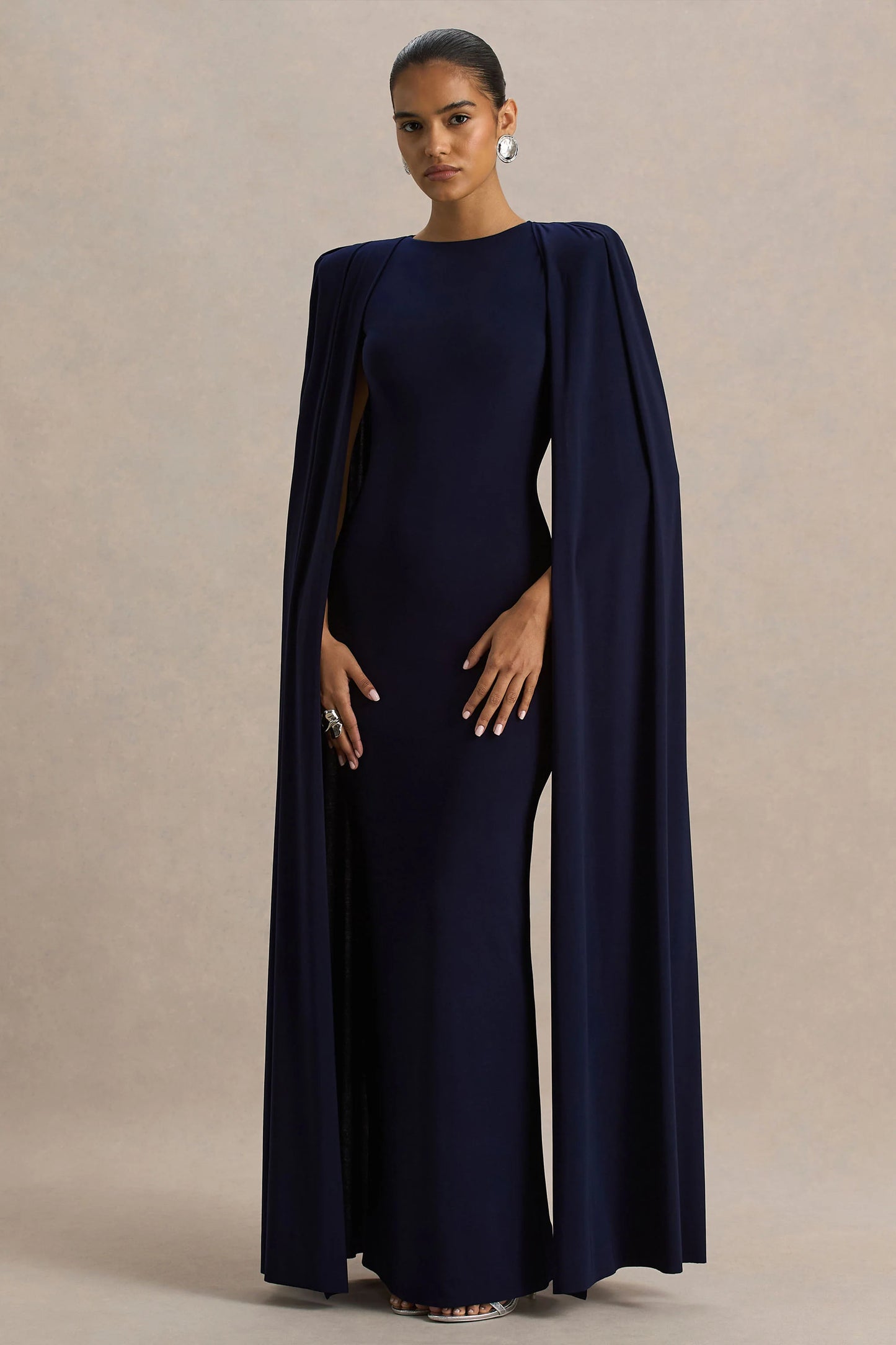 Mimi Navy High-Neck Maxi Dress With Cape Sleeve Detail
