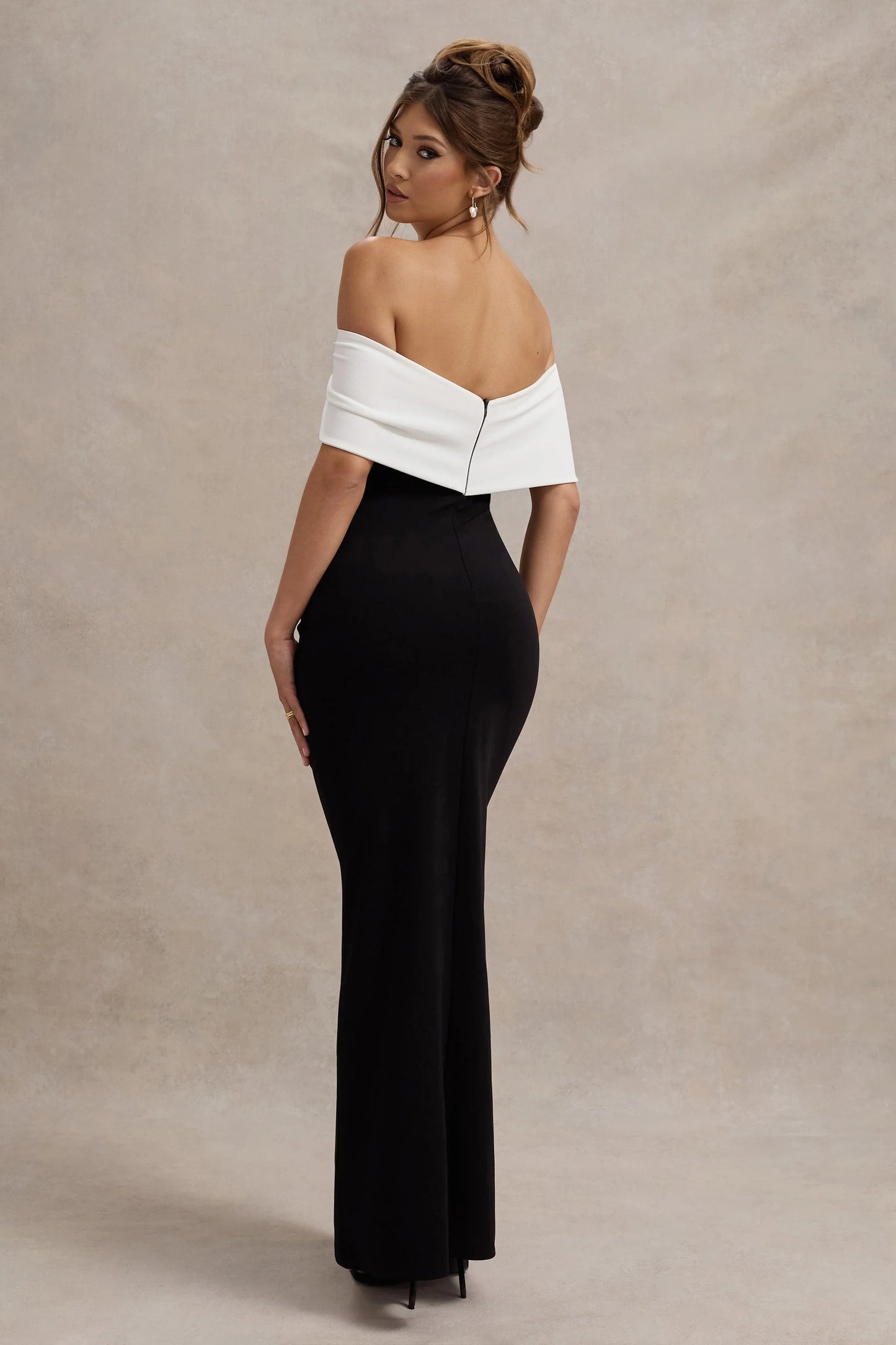 Eva Black & White Bardot Bow Detail Maxi Dress With Thigh Split