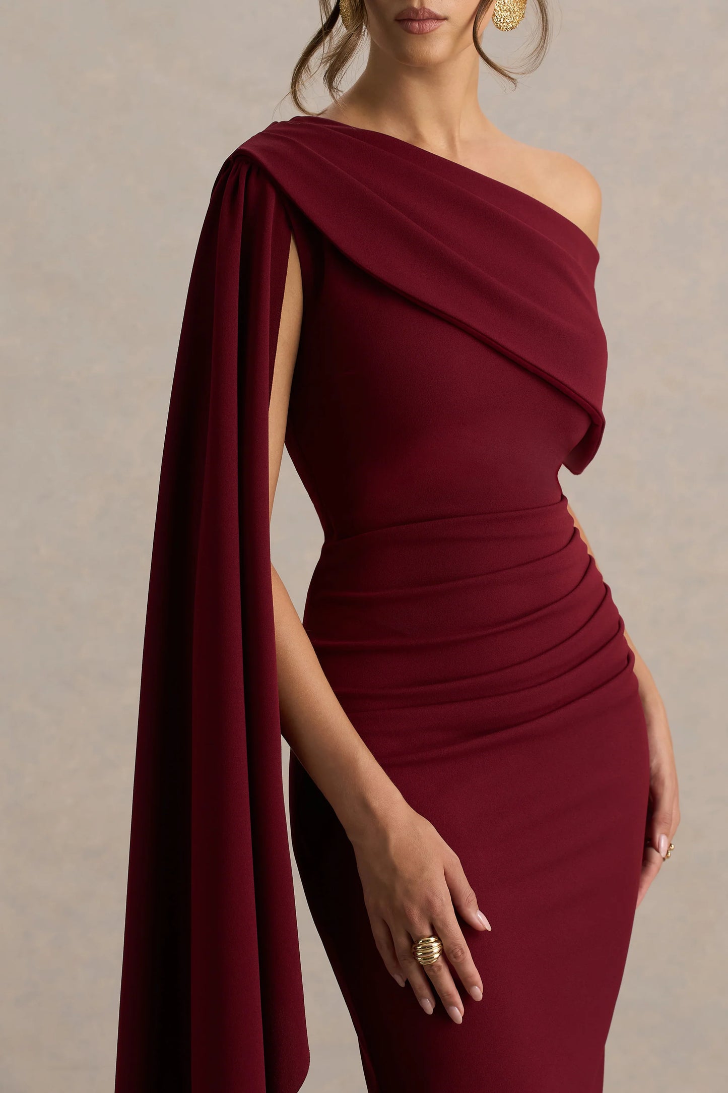 Leah Burgundy Asymmetric-Neck Midi Dress With Cape-Sleeve