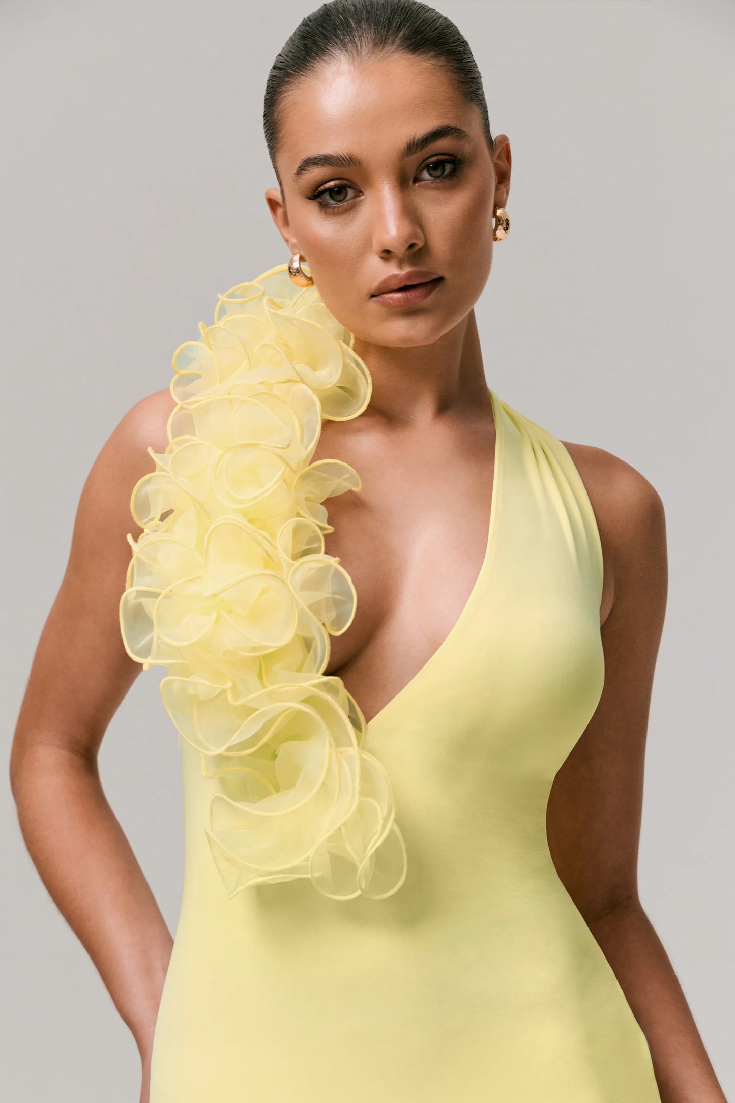 Harriet Lemon Plunge-Neck Maxi Dress With Floral Detail