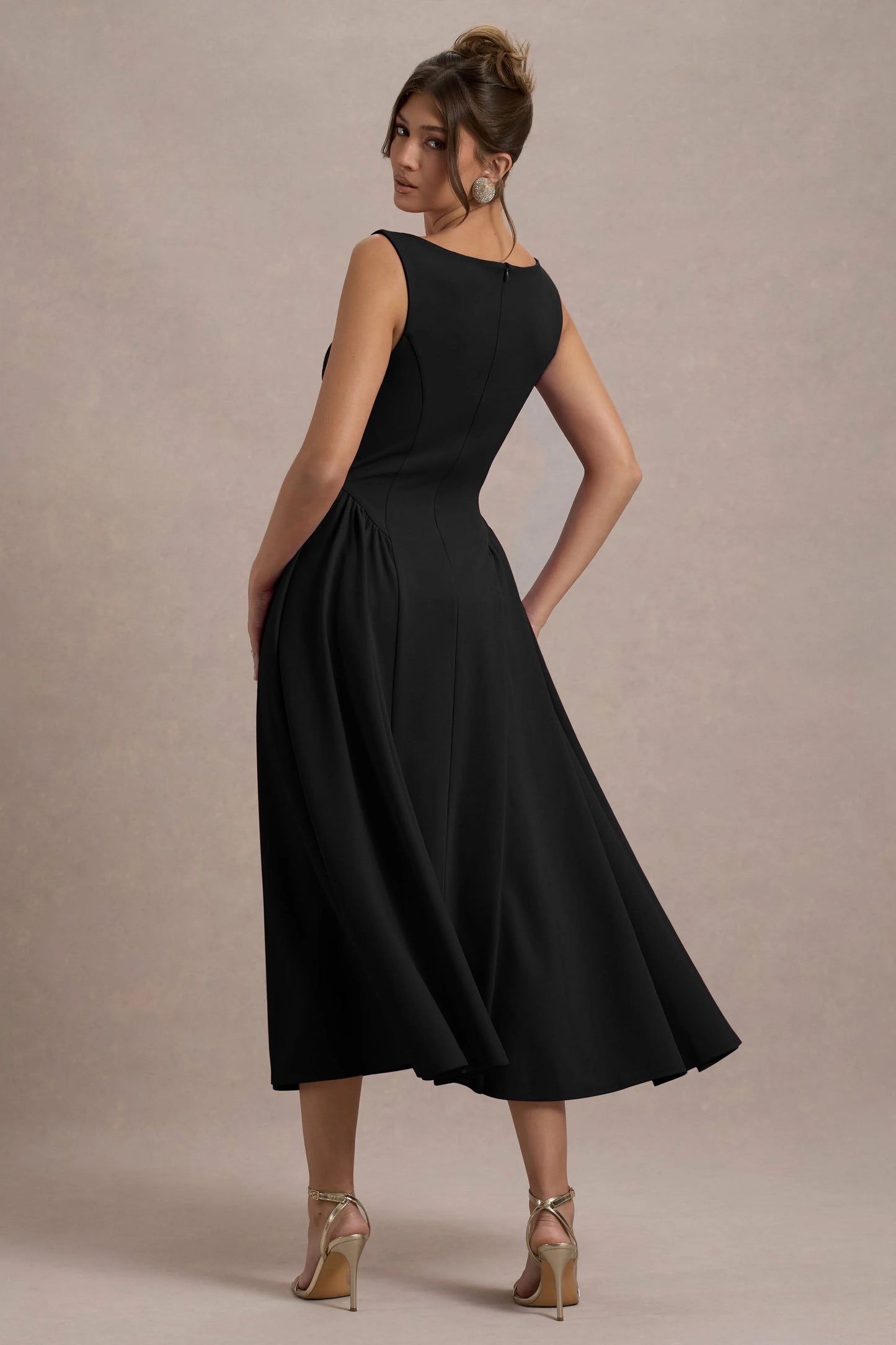 Muriel Black Boat-Neck Volume-Hem Midi Dress