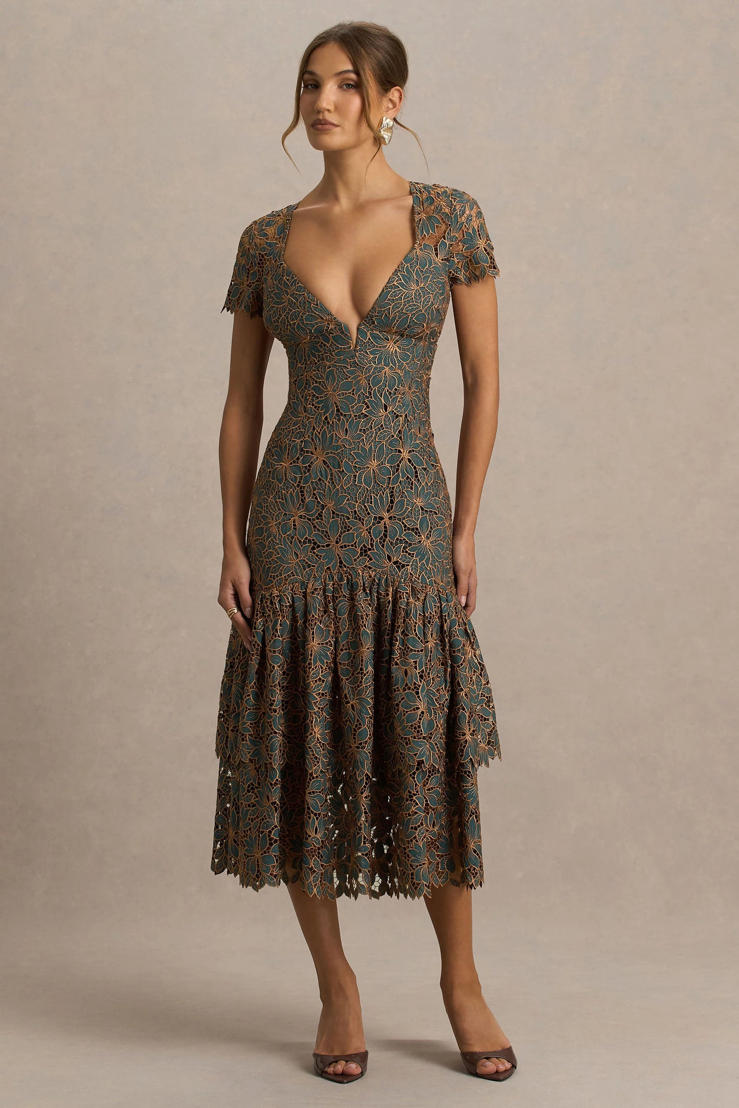 Sabrina Dark Green And Rust Embroidered Plunge-Neck Midi Dress