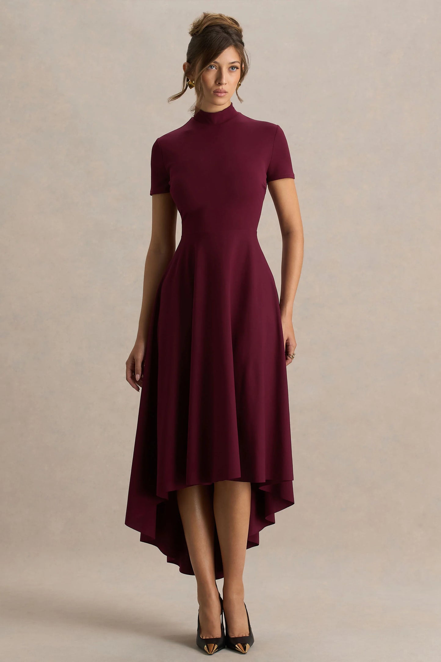 Bellona Burgundy High-Neck High-Low Midi Dress