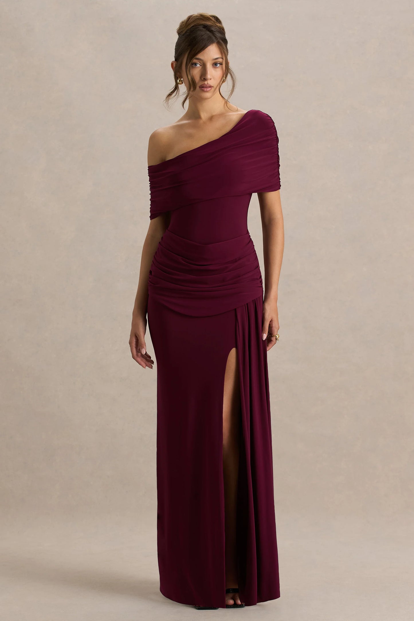 Dynasty Burgundy Asymmetric-Neck Maxi Dress With Ruched Detailing And Front High-Split