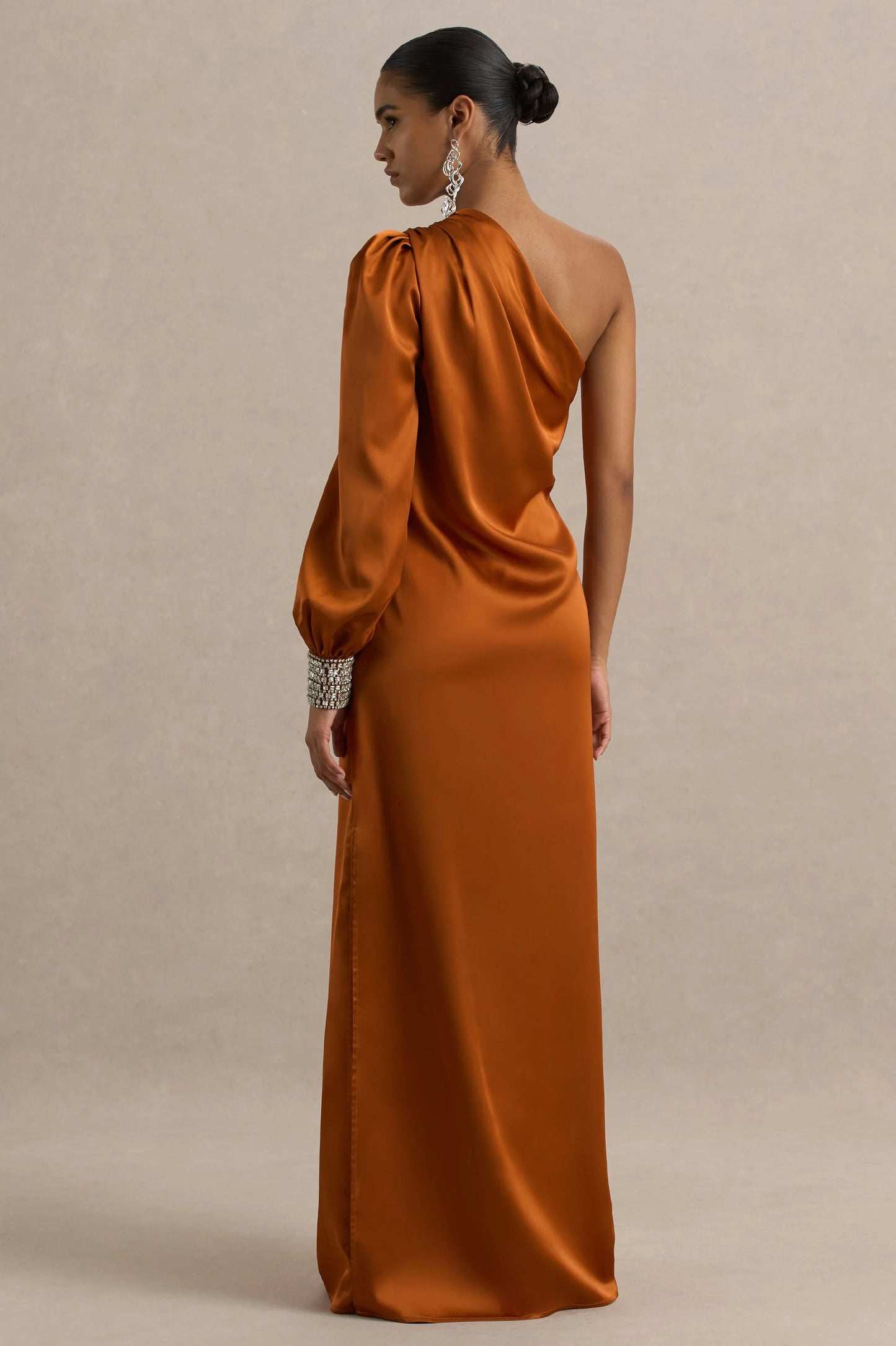 Thelma Orange Satin Asymmetric Maxi Dress With One-Sleeve