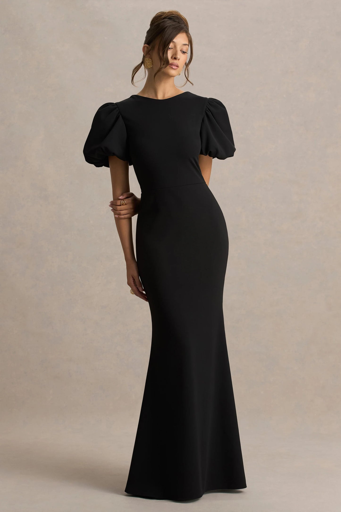 Carolina Black Puff-Sleeve Maxi Dress With White Bow Detail