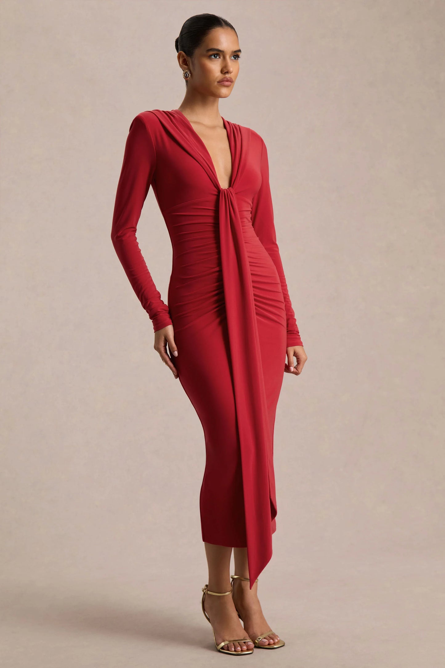 Ivara Red Plunge-Neck Maxi Dress With Ruched Detailing And Sash