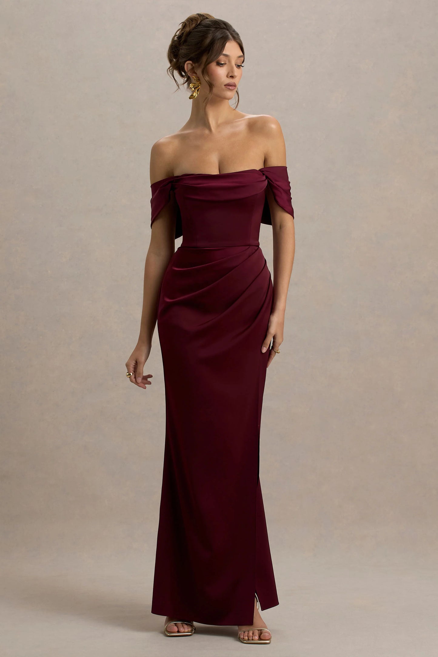 Annie Burgundy Satin Bardot Maxi Dress With Split Wrap Skirt