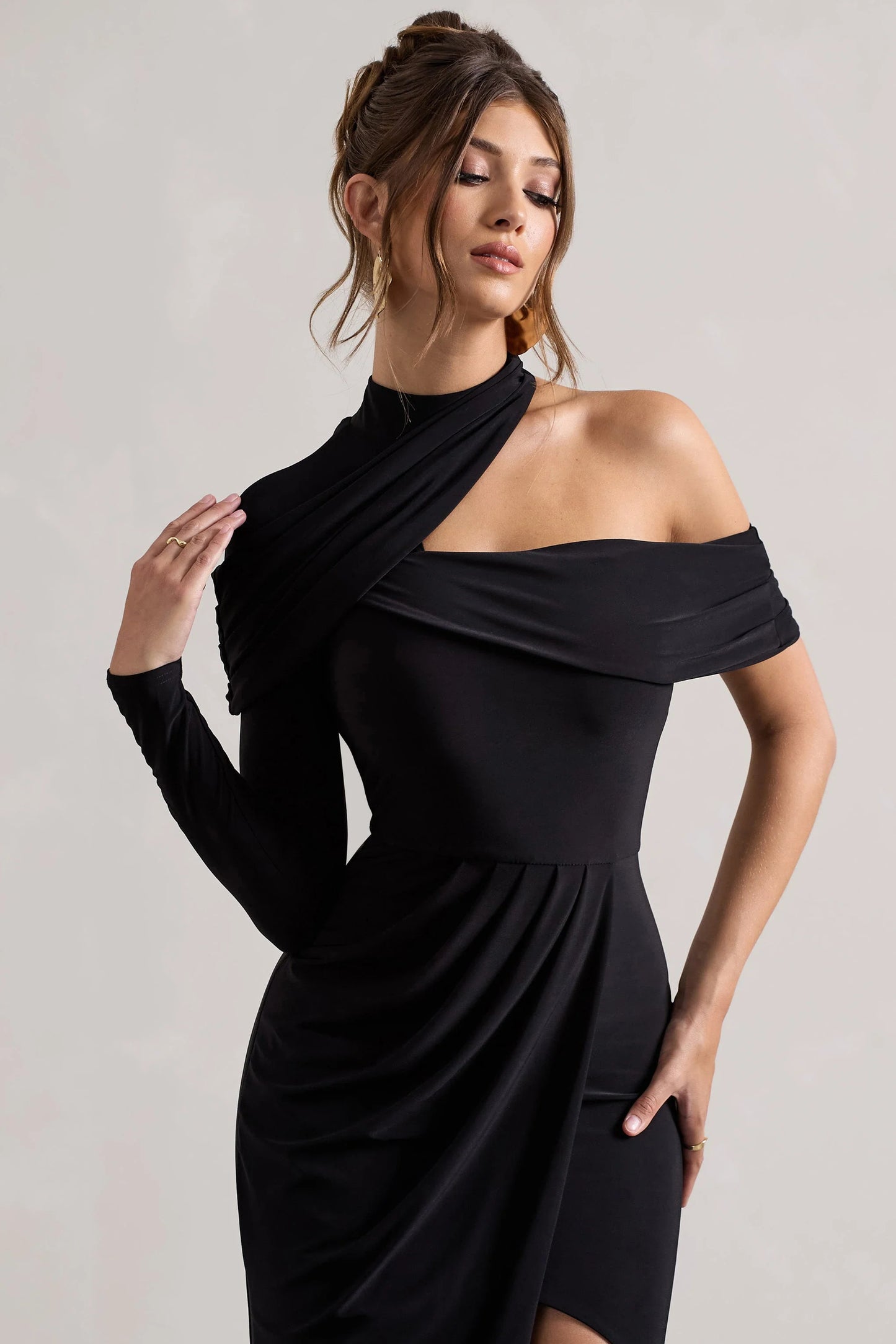 Tyla Black Asymmetric High-Neck Split Maxi Dress