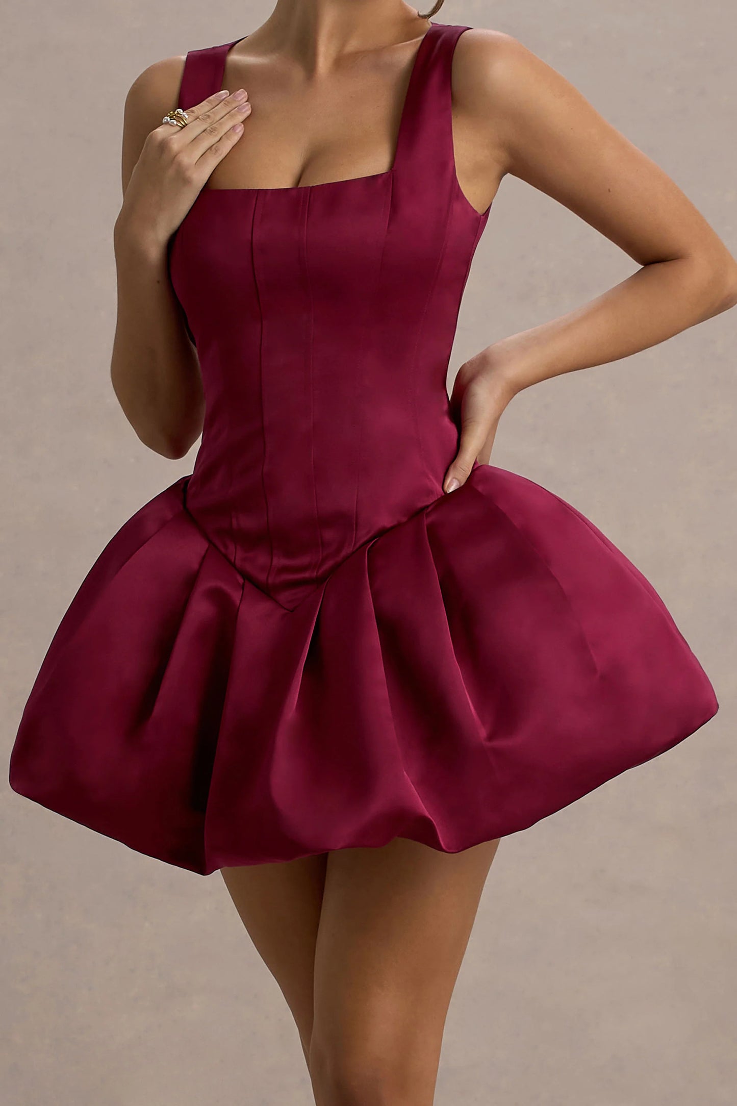 Bramble Port Satin Square-Neck Puffball Mini Dress