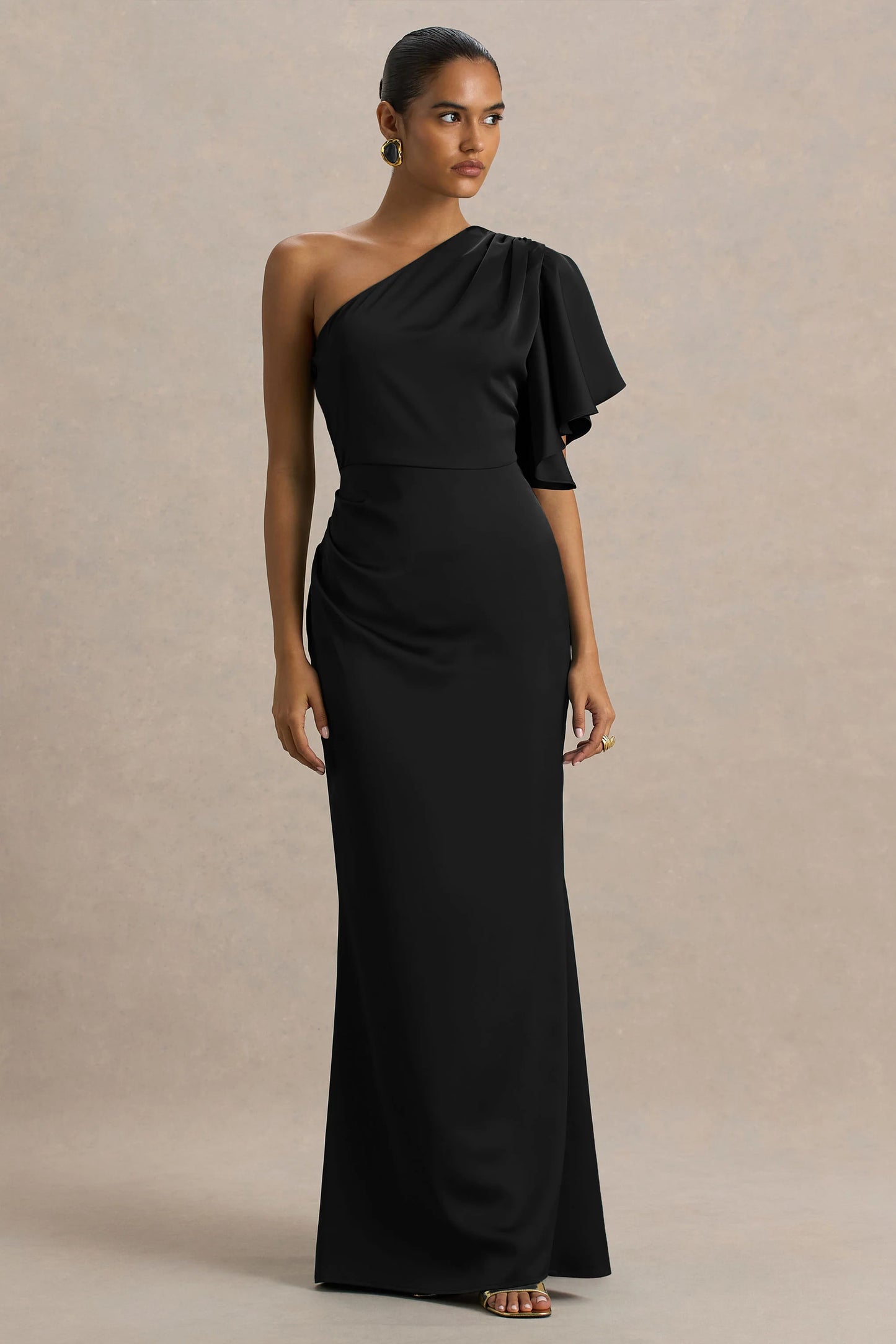 Unforgettable Black Asymmetric-Neck Maxi Dress With Ruffled Detailing