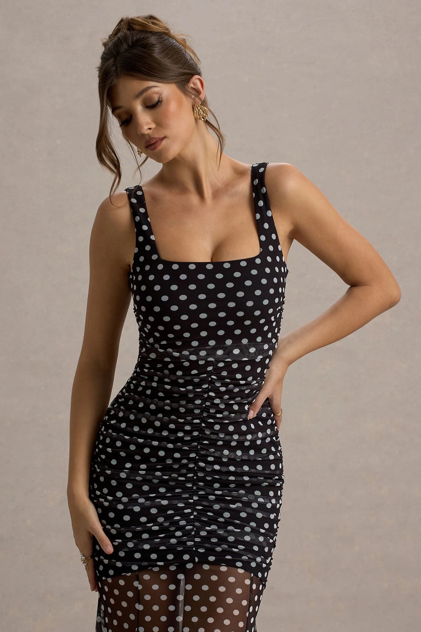 Galaxia Black & White Polka Dot Maxi Dress With Mesh Skirt