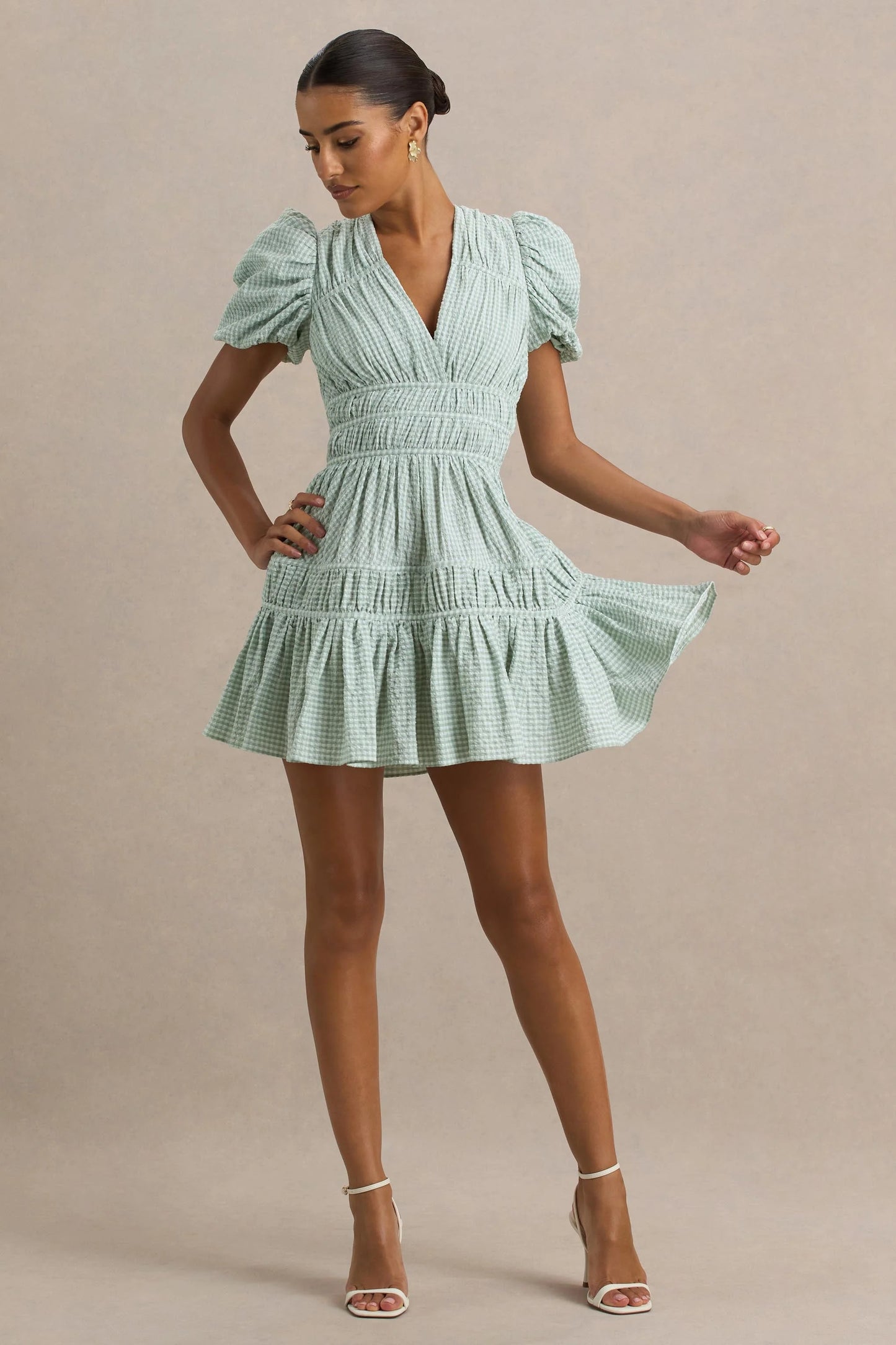 Laurelle Green Extreme Plunge-Neck Mini Dress With Ruffling Detail