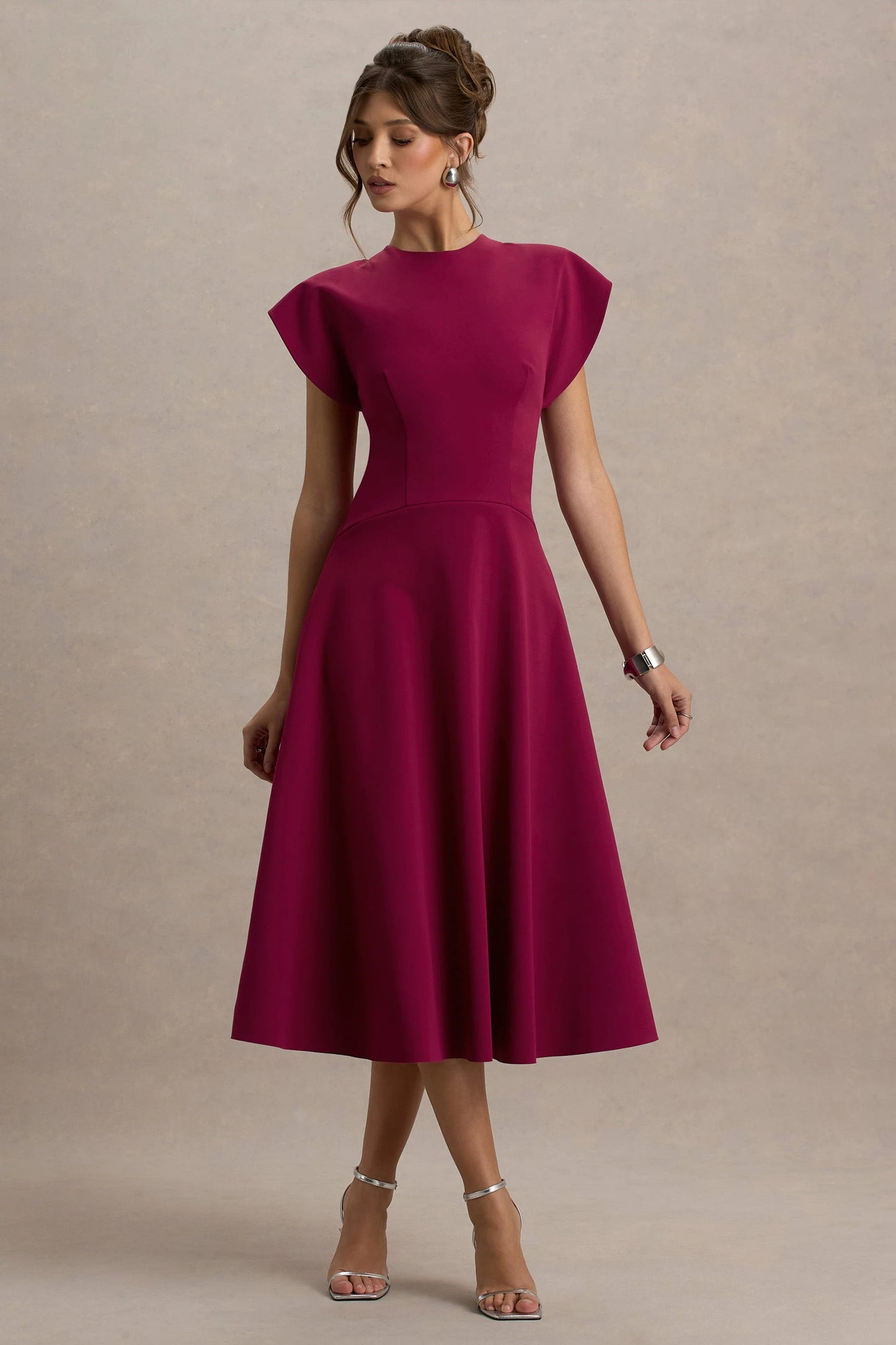 Linda Dark Cherry Crew-Neck Cap-Sleeve Midi Dress