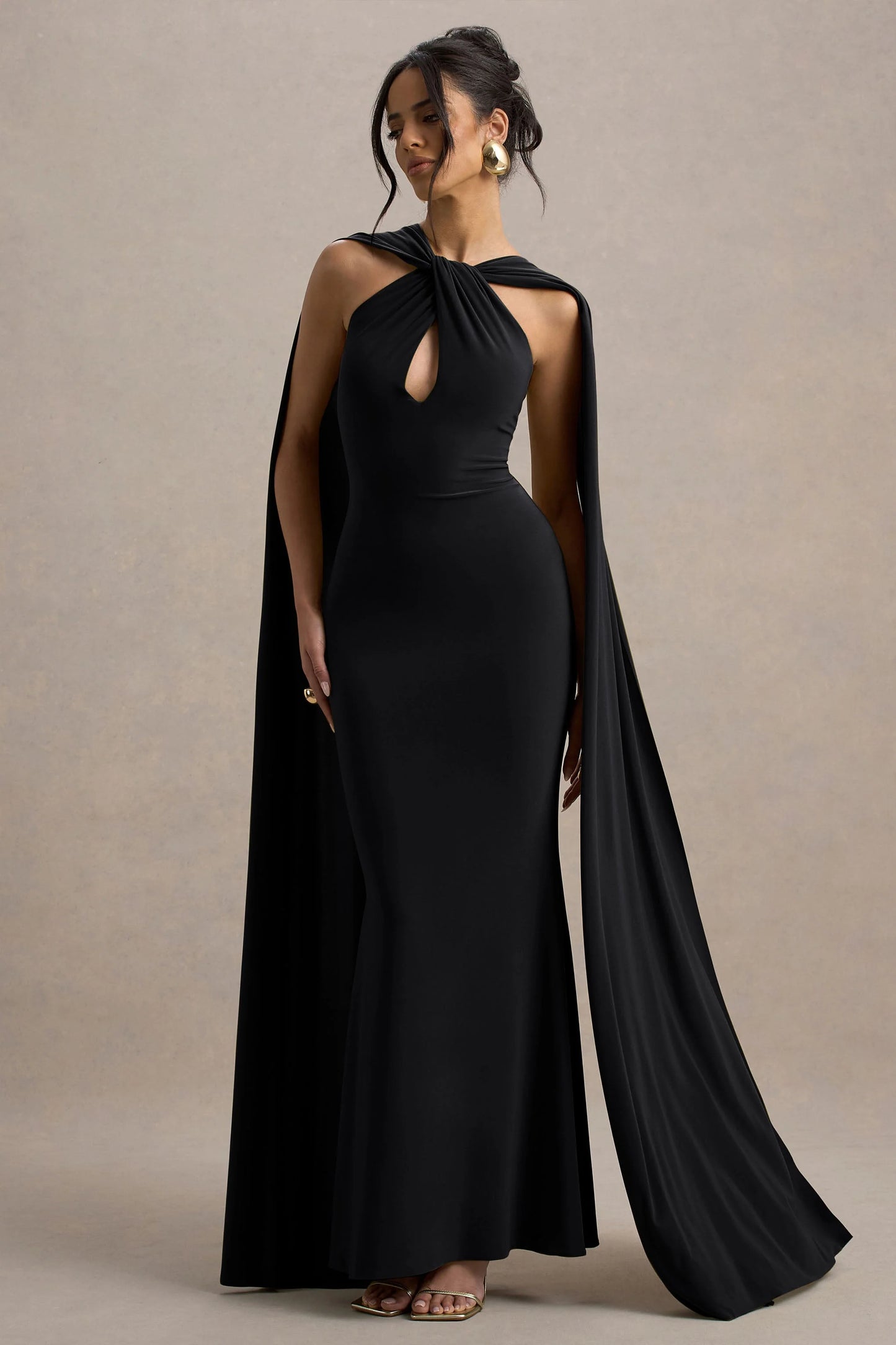 Rhoda Black Twist Halter-Neck Cape Maxi Dress