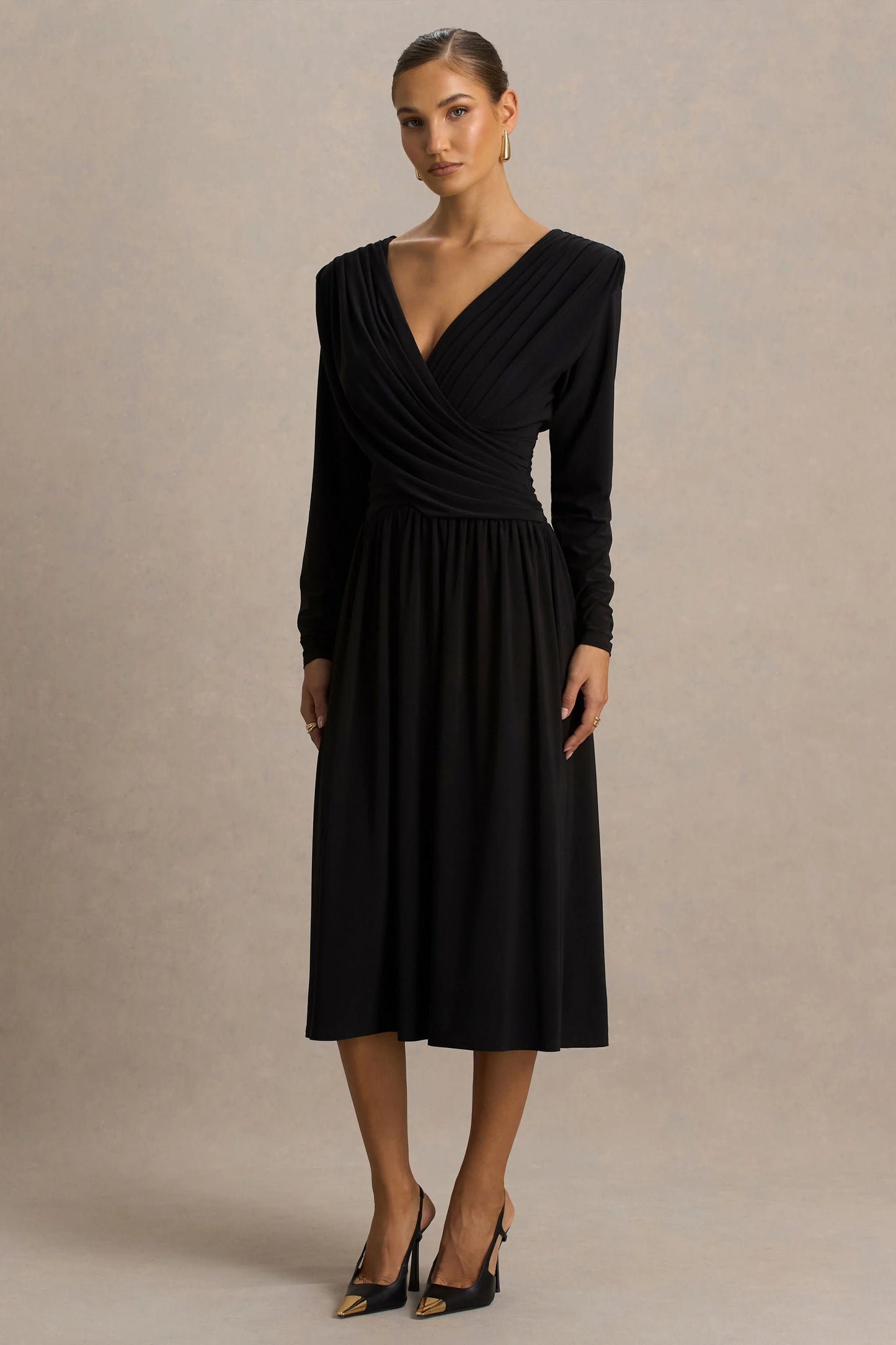 Alexis Black Plunge-Neck Midi Dress With Draped And Ruched Detailing