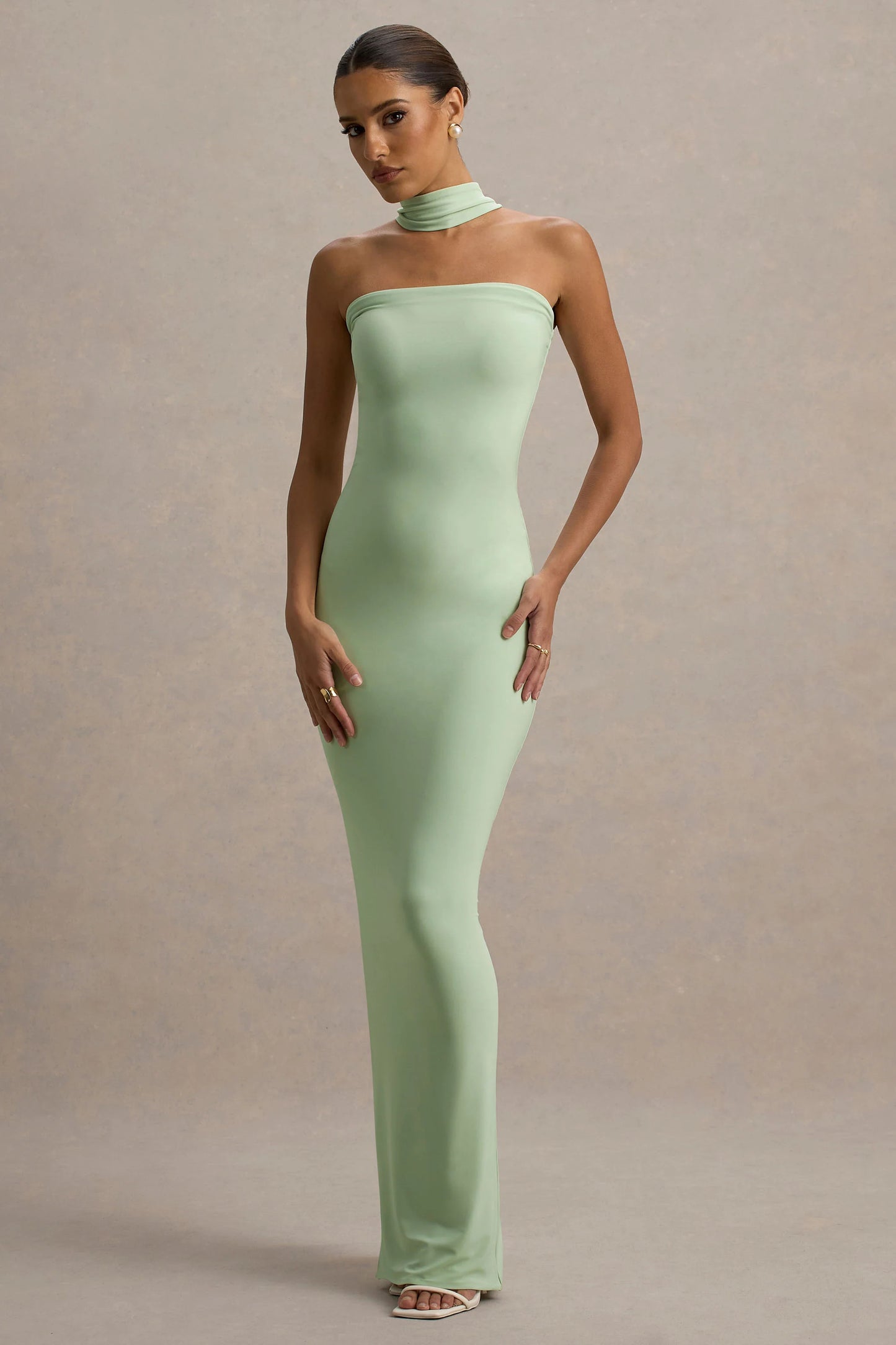 Nobu Light Green Bandeau Maxi Dress With Halter-Collar