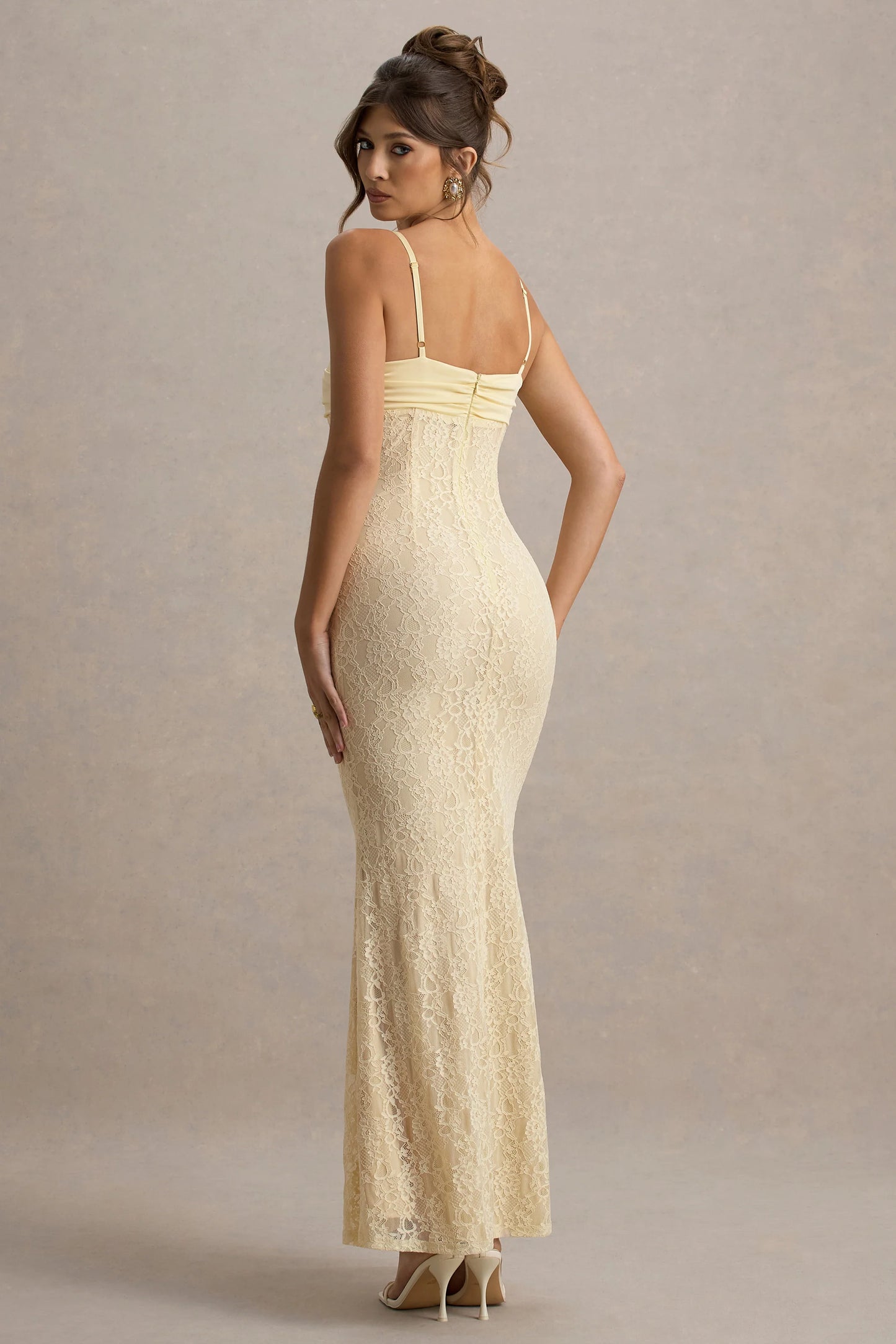 Felicia Pale Lemon Satin Sweetheart Maxi Dress With Lace Details