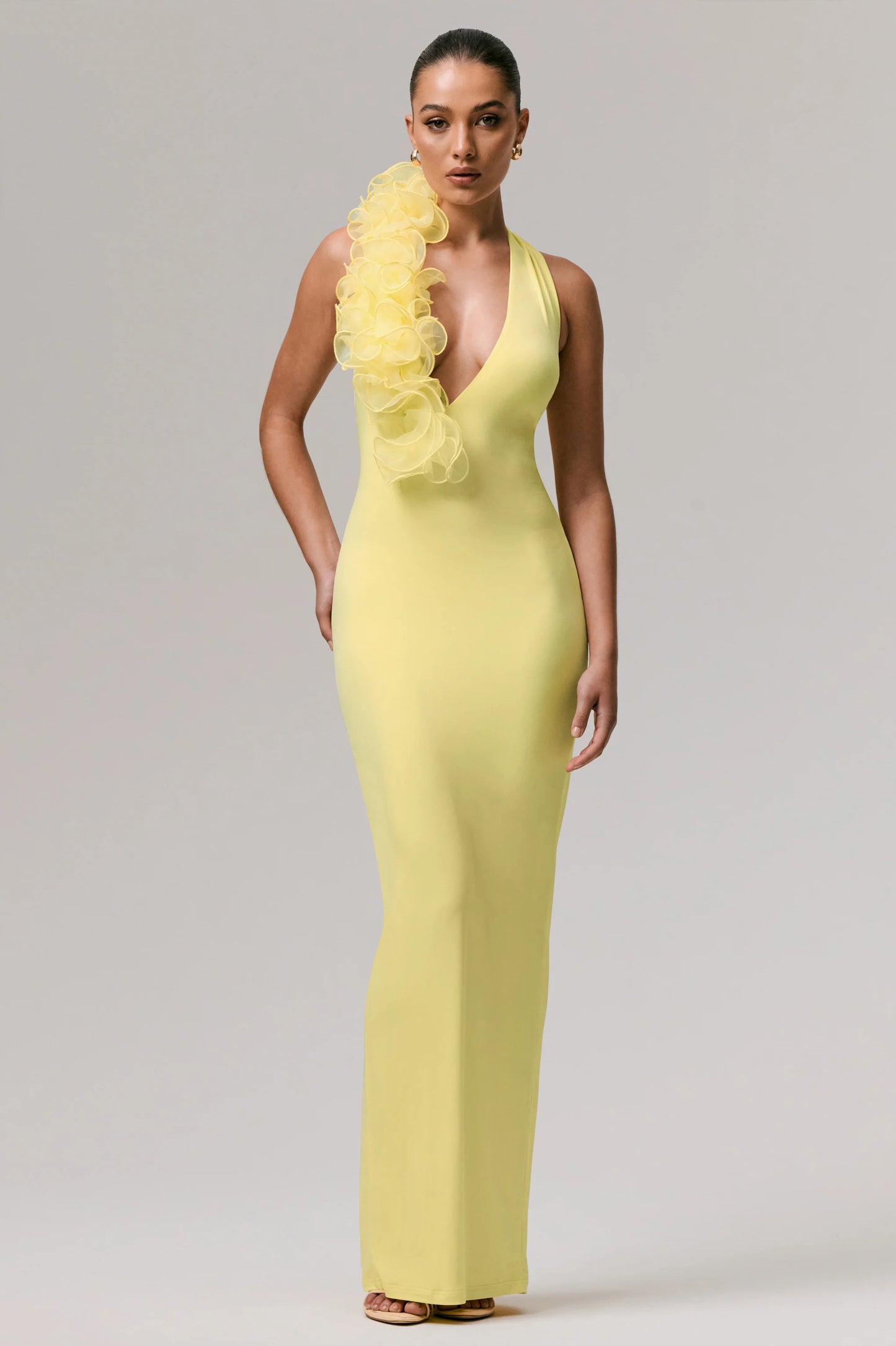 Harriet Lemon Plunge-Neck Maxi Dress With Floral Detail