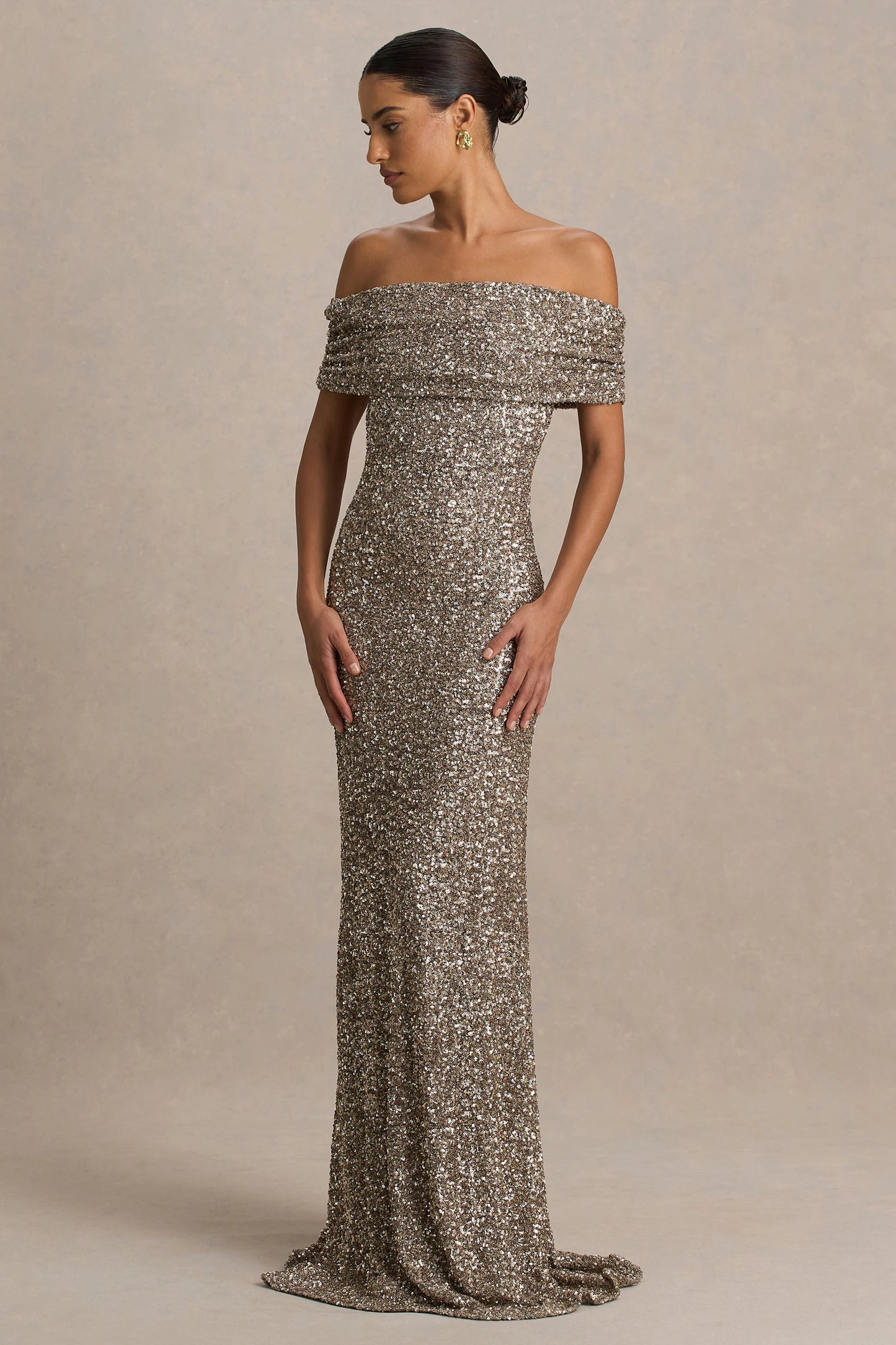Melina Champagne Sequin Bardot-Neck Maxi Dress