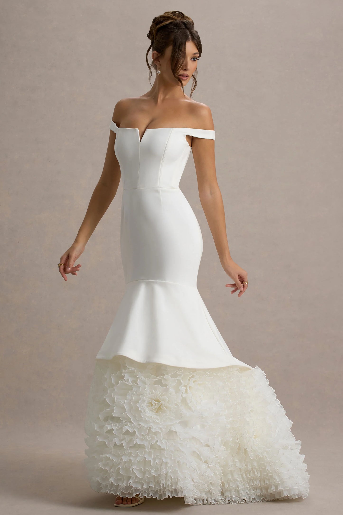 The Greatest White & Cream Bardot Maxi Dress With Tulle Skirt