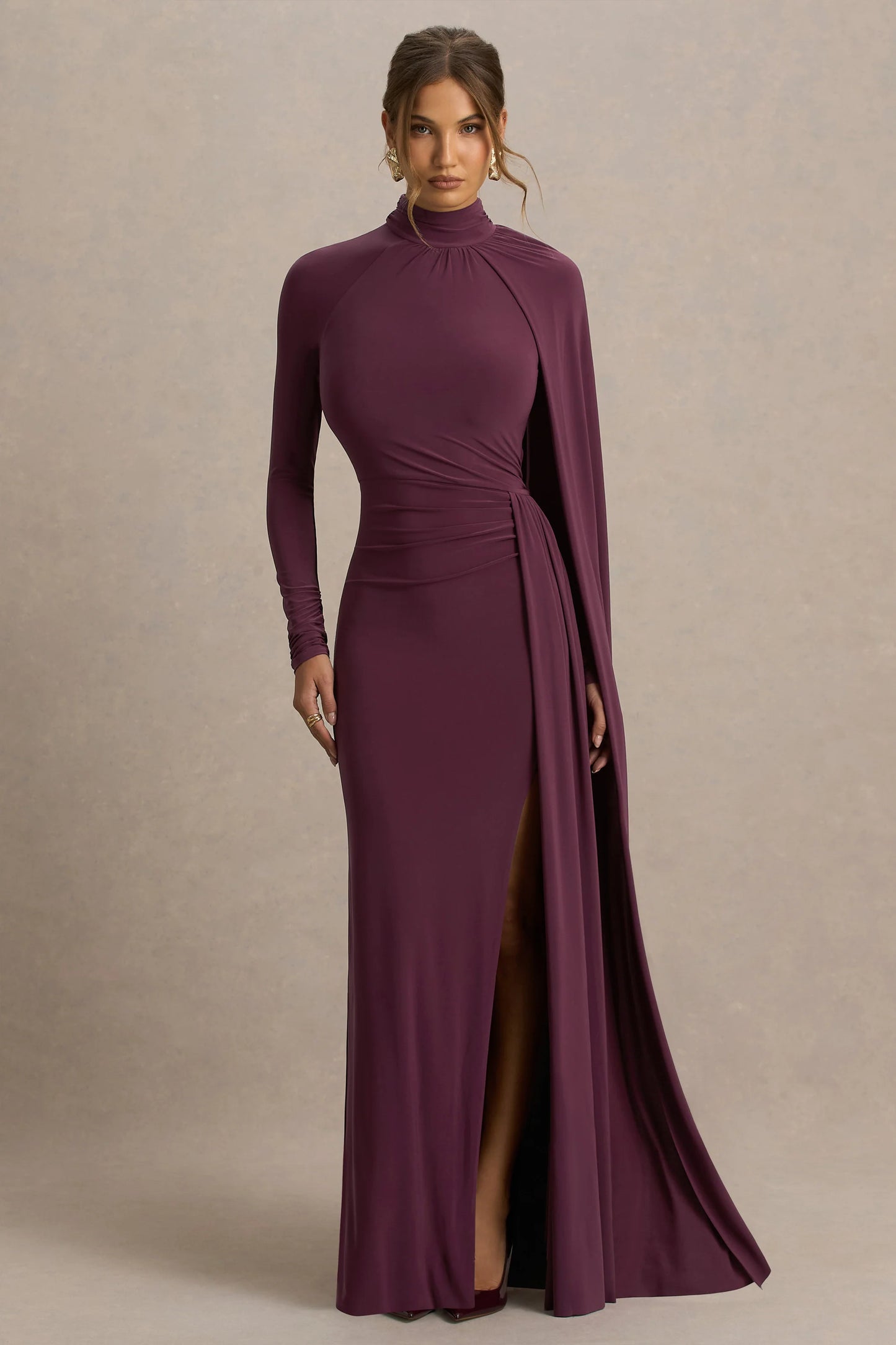 Anticipation Burgundy High-Neck Maxi Dress With Front Split And Ruched Detailing