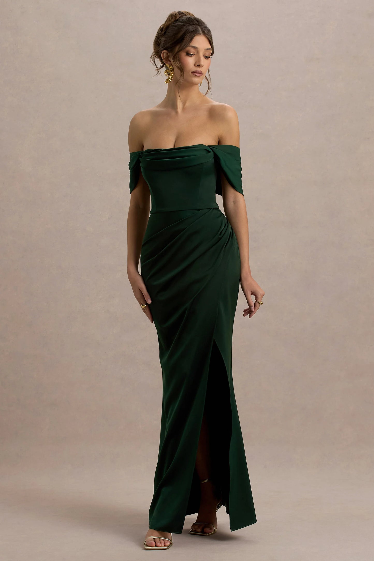 Annie Bottle Green Satin Bardot Maxi Dress With Split Wrap Skirt