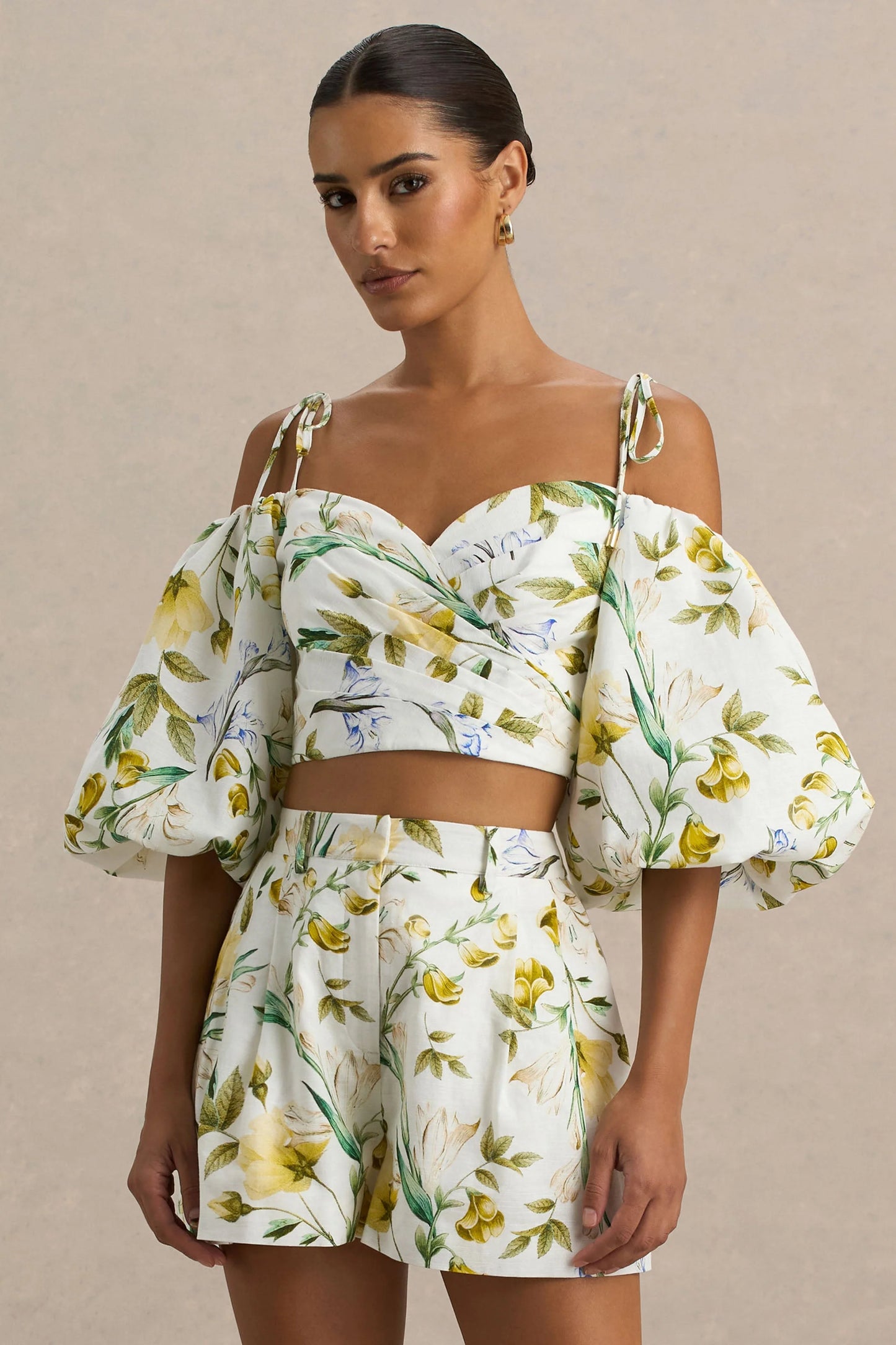 Amberly Lemon Floral Print Plunge-Neck Ruffled Crop Top