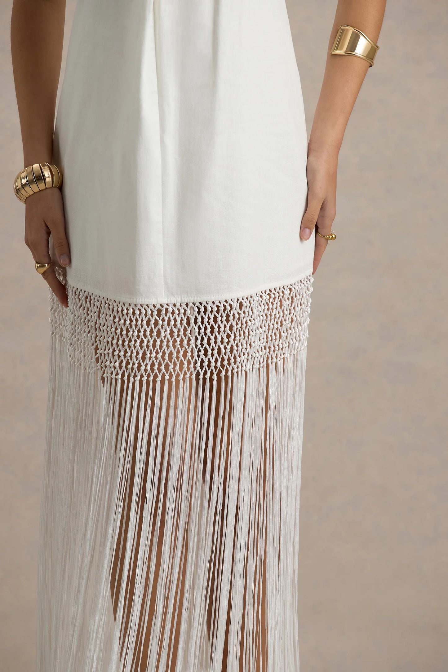 Fiametta Ecru Linen Halter-Neck Fringe Maxi Dress