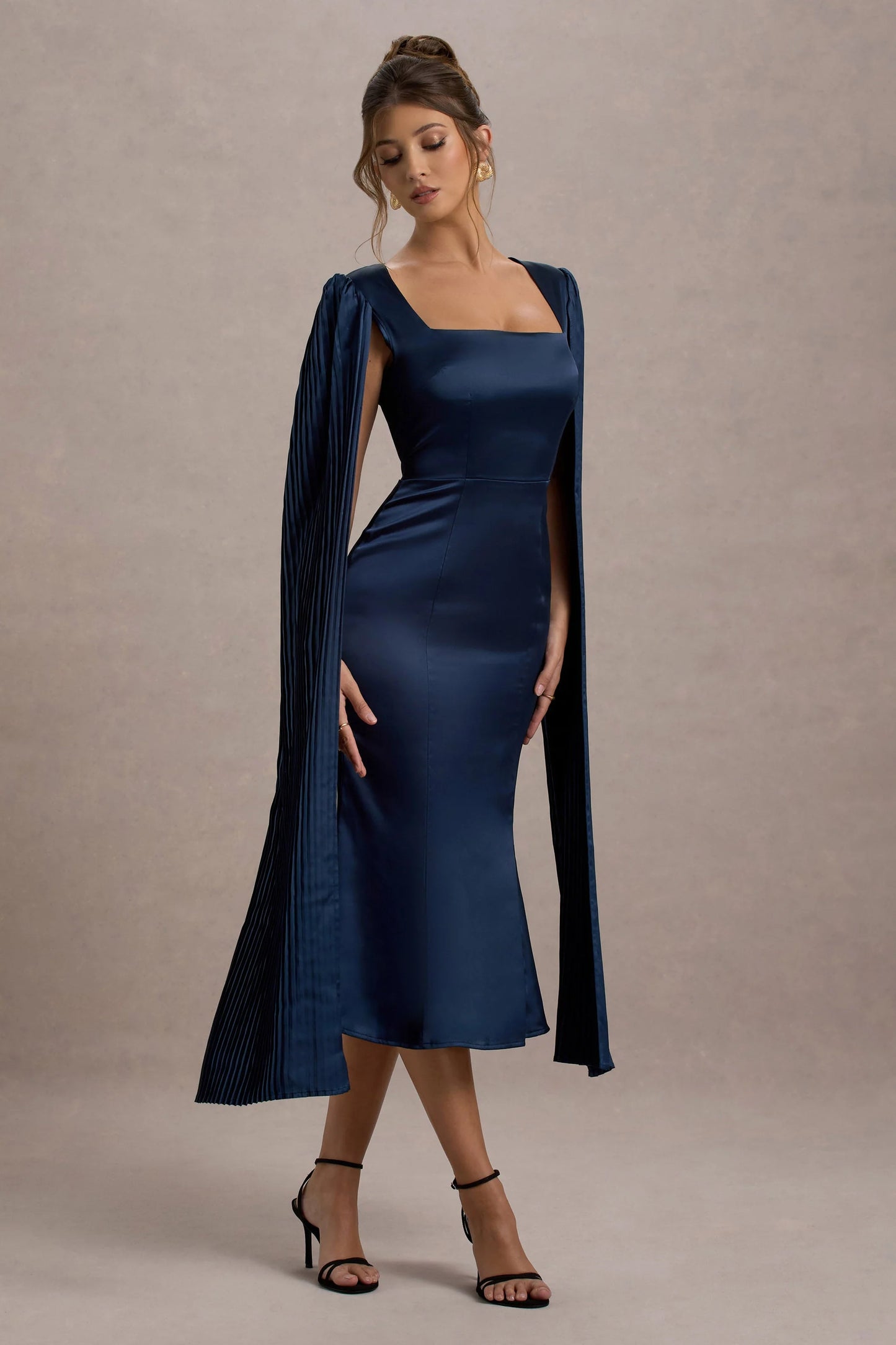 Nalda Navy Square-Neck Midi Dress With Cape Sleeves