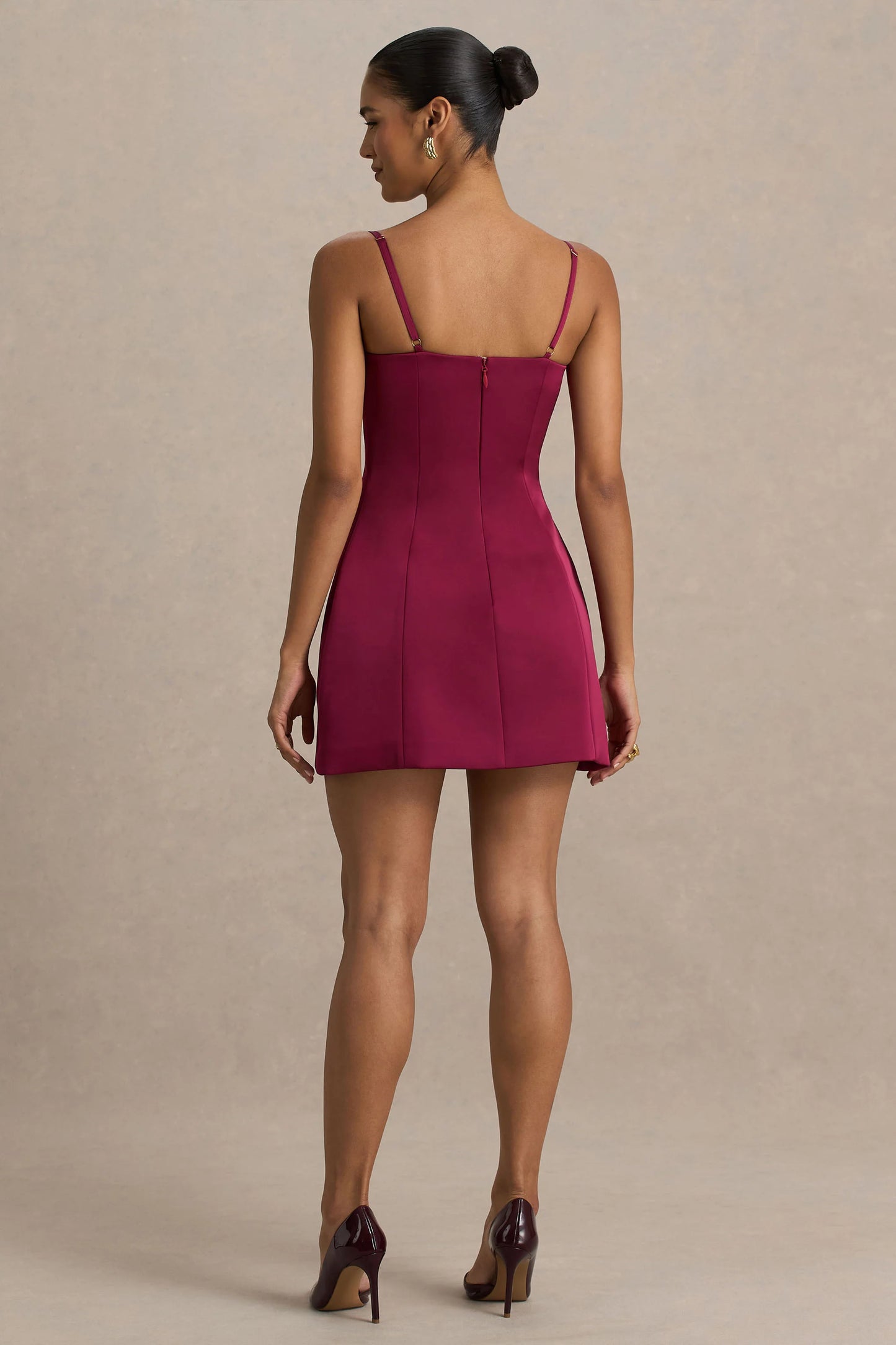 Elara Burgundy Satin Plunge-Neck Mini Dress