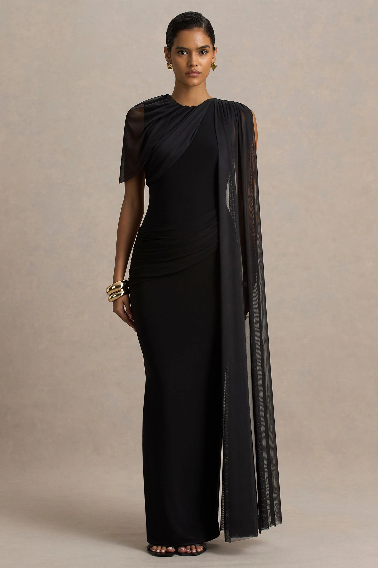 Brenda Black Crew-Neck Maxi Dress With Mesh Cape And Sash