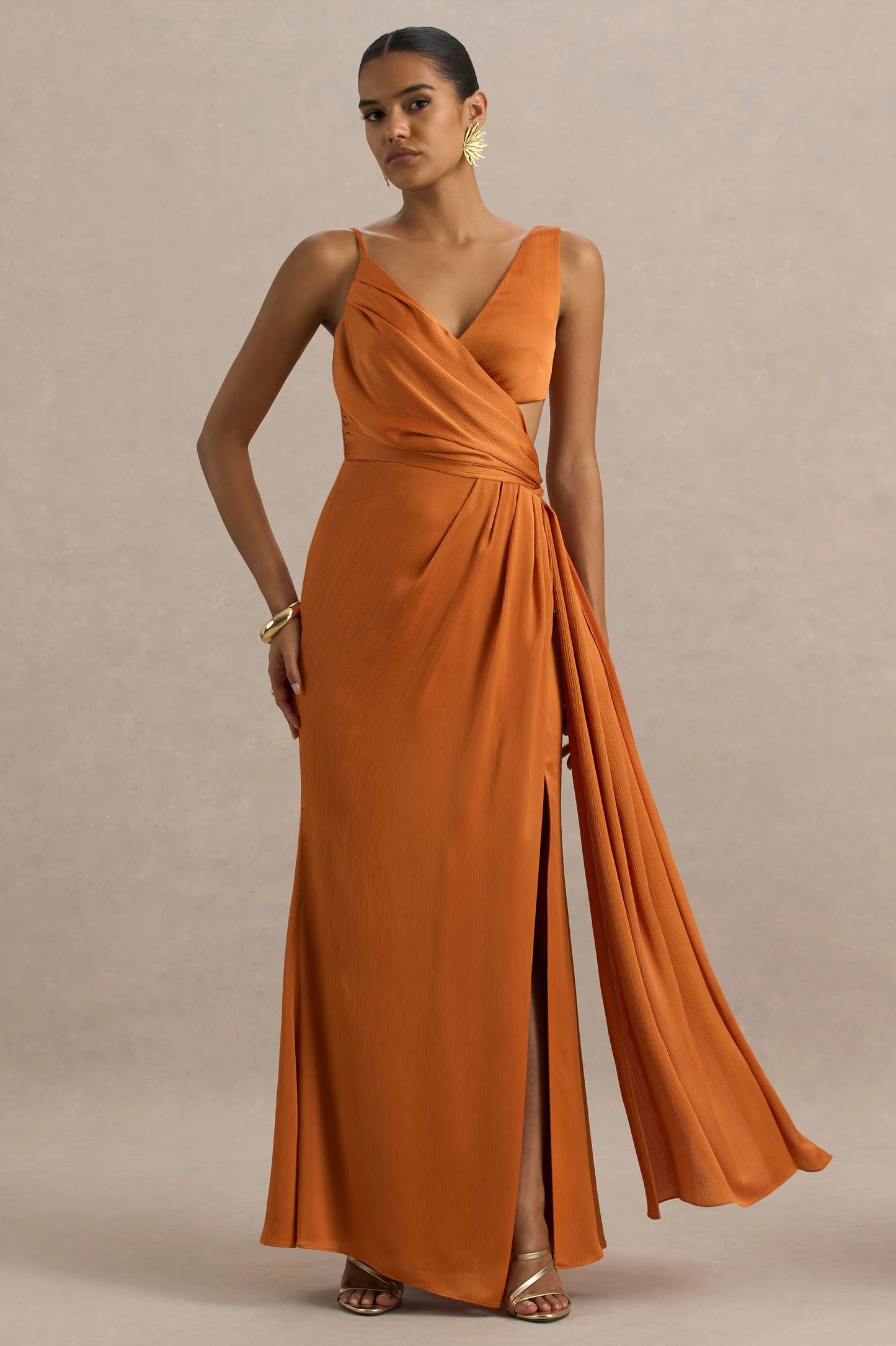 Livia Orange Plunge-Neck Fishtail Maxi Dress