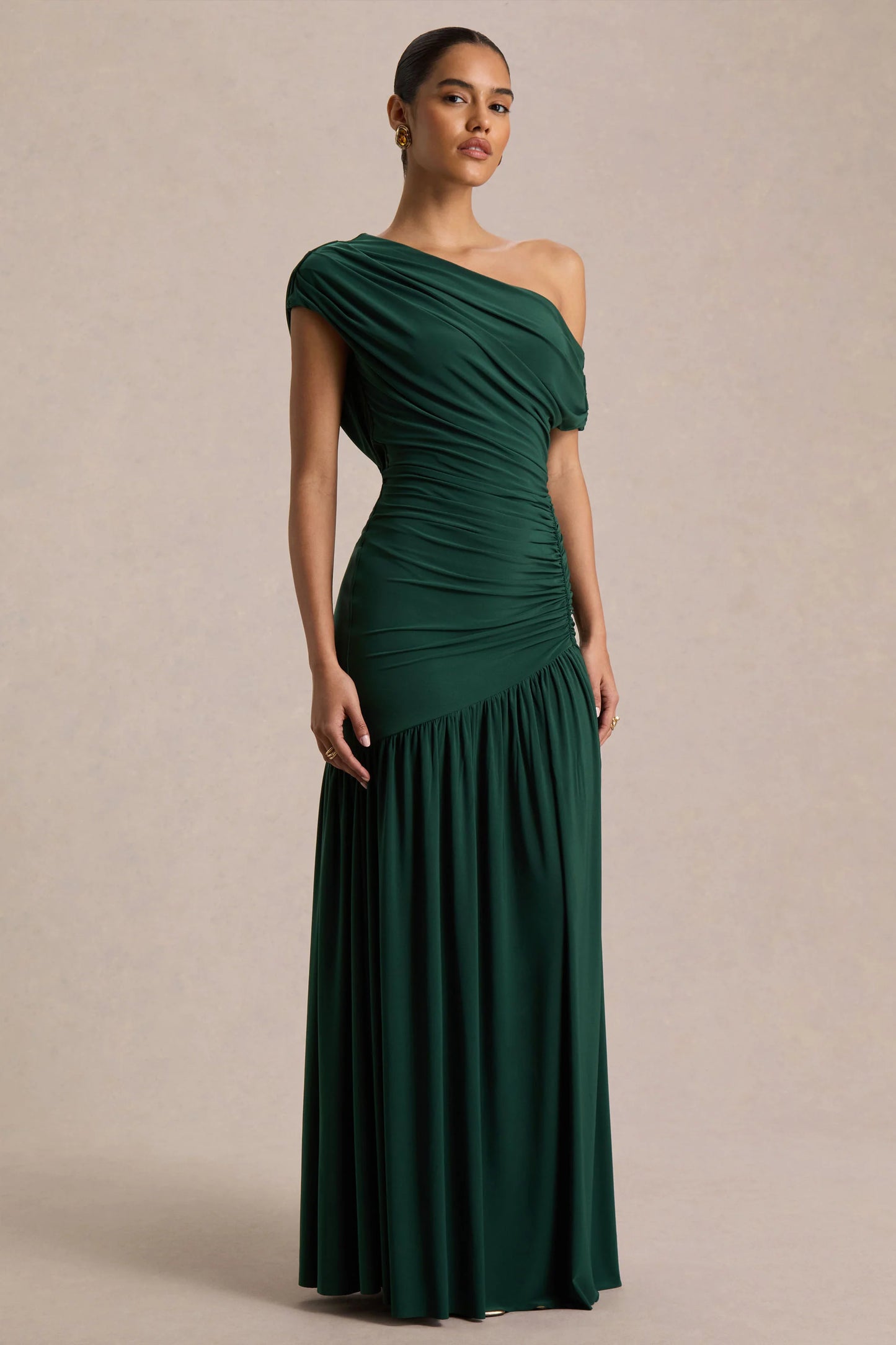 Kady Dark Green Asymmetric-Neck Maxi Dress With Ruched Detailing