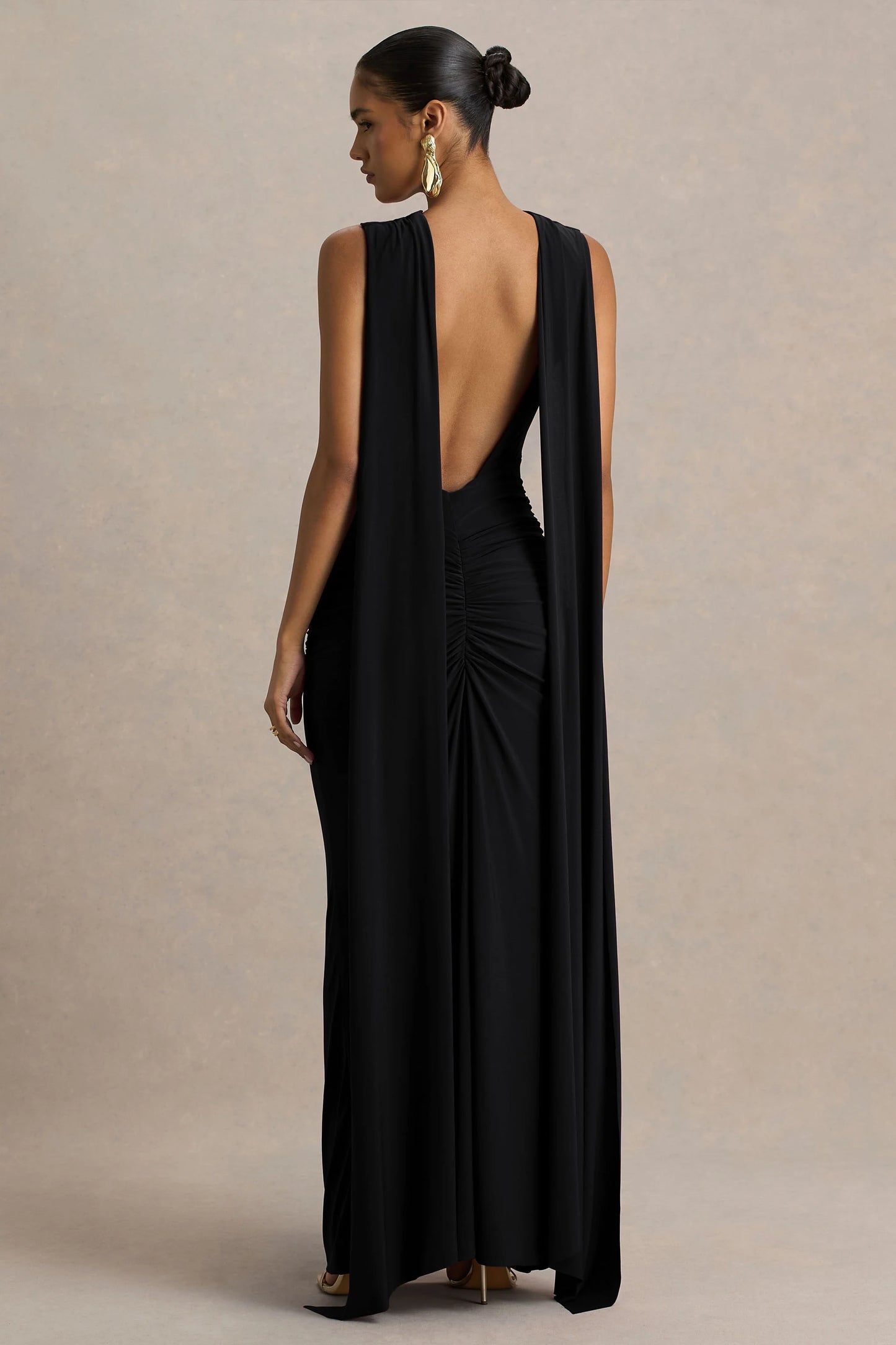 Premiere Black Boat-Neck Maxi Dress With Open-Back And Cape-Sleeves