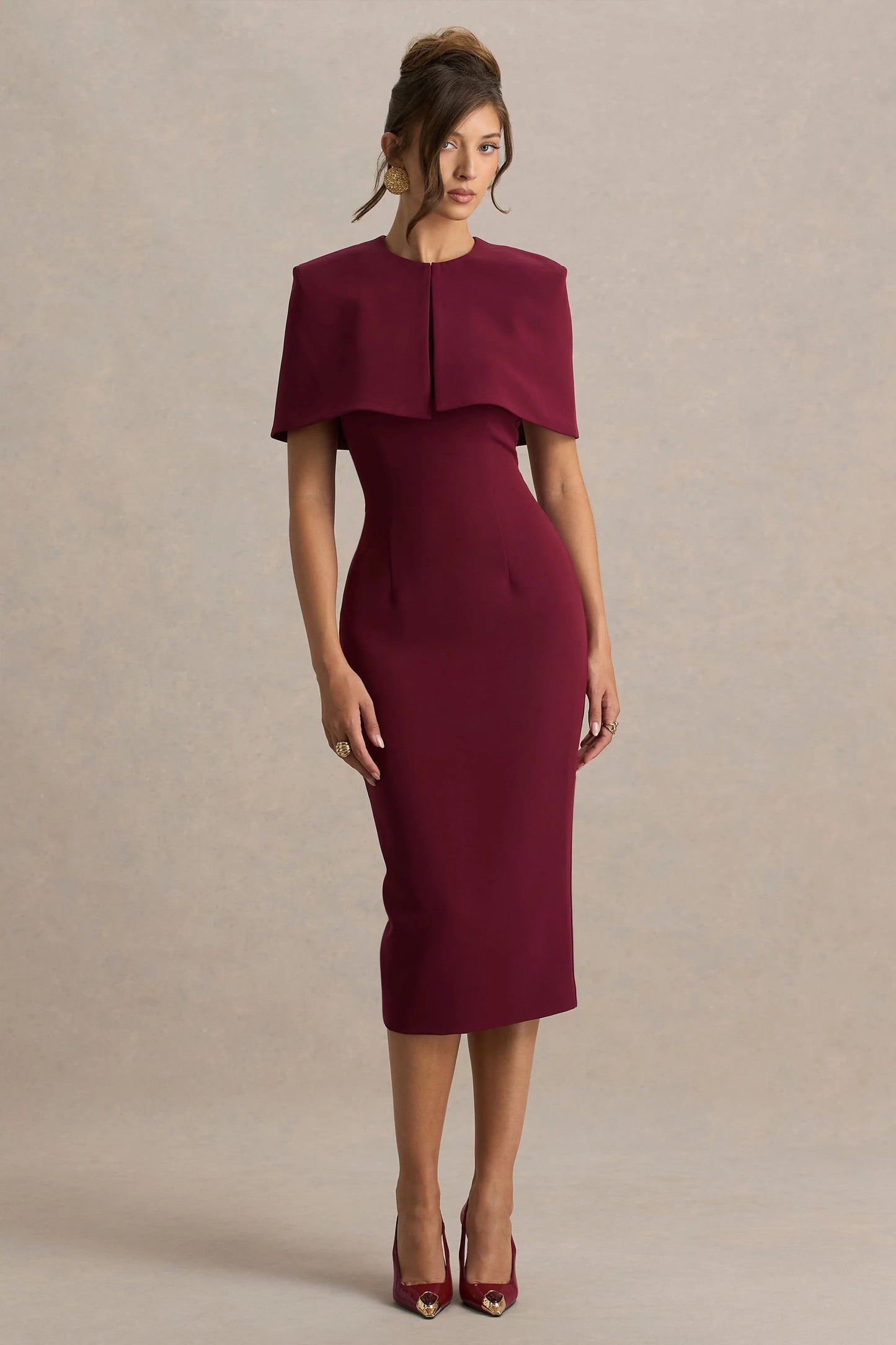Baylor Burgundy Midi-Dress With Removable Cape