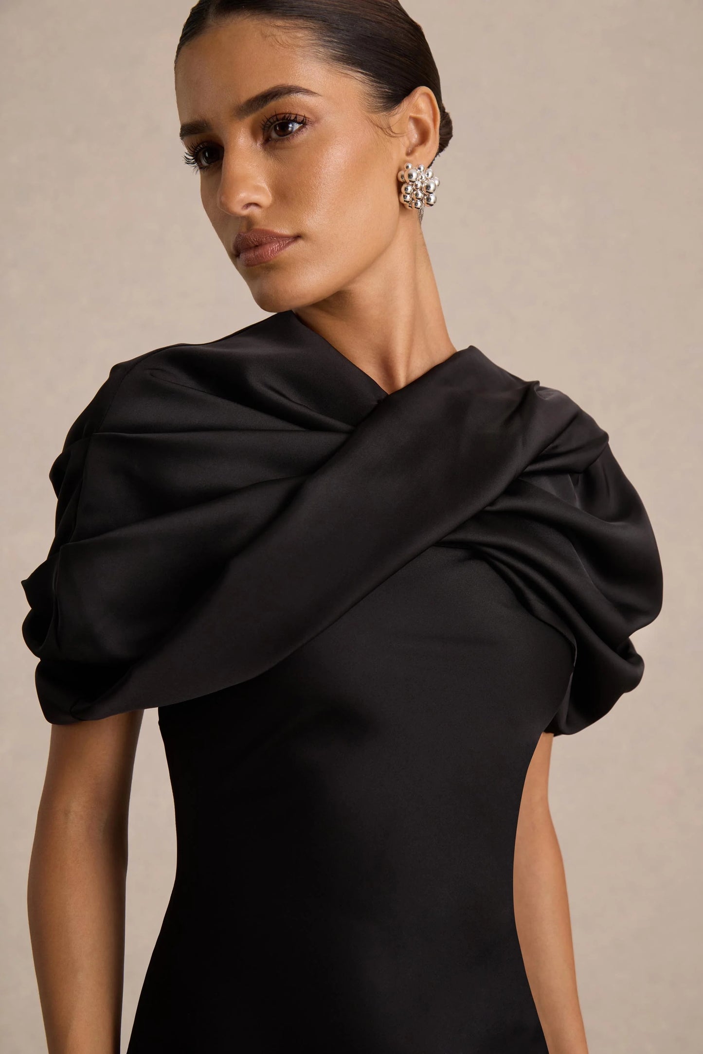 Yoli Black Satin Maxi Dress With Removable Twist-Cape