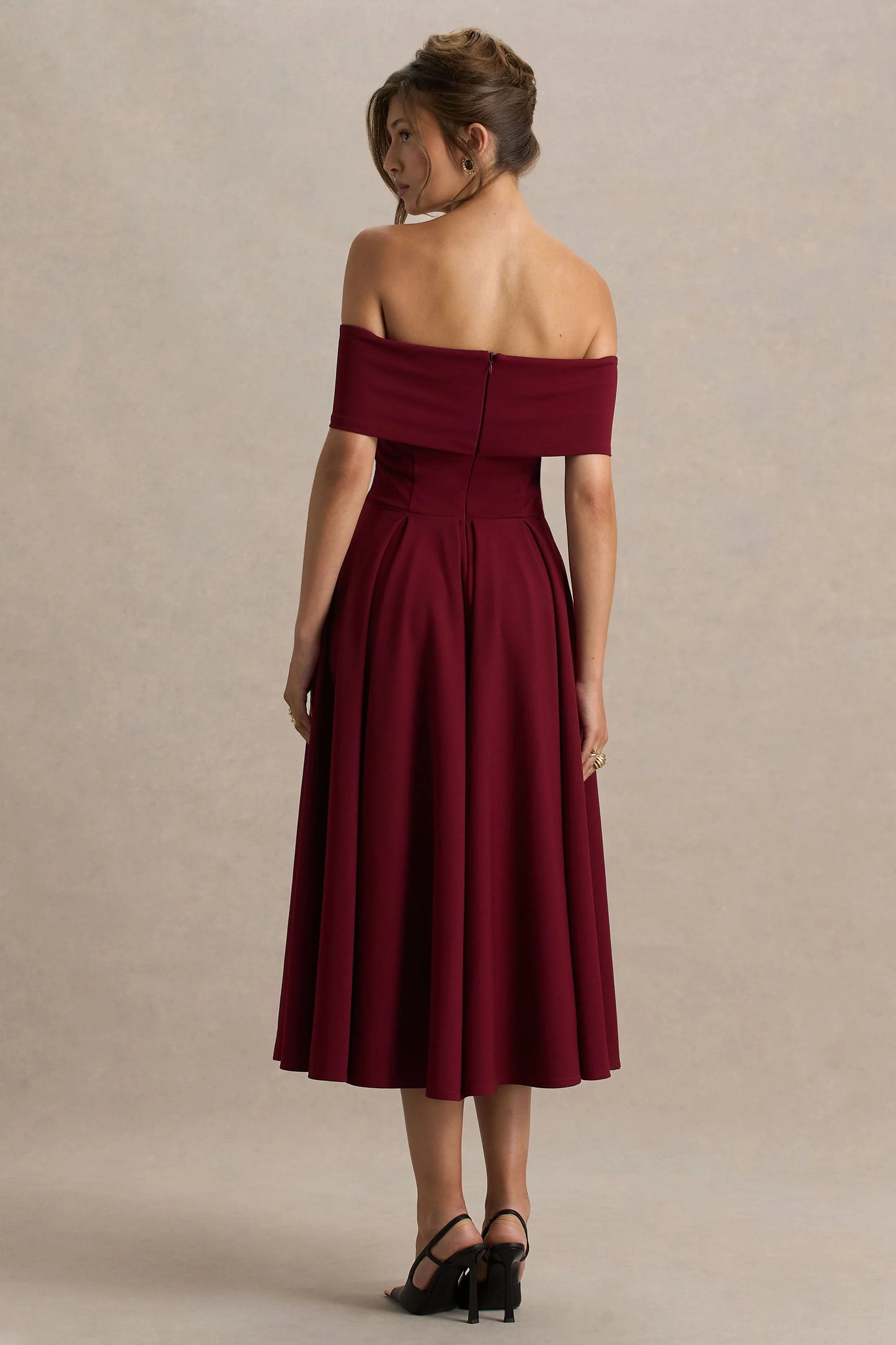 Isabella Burgundy Bardot-Neck Midi Dress