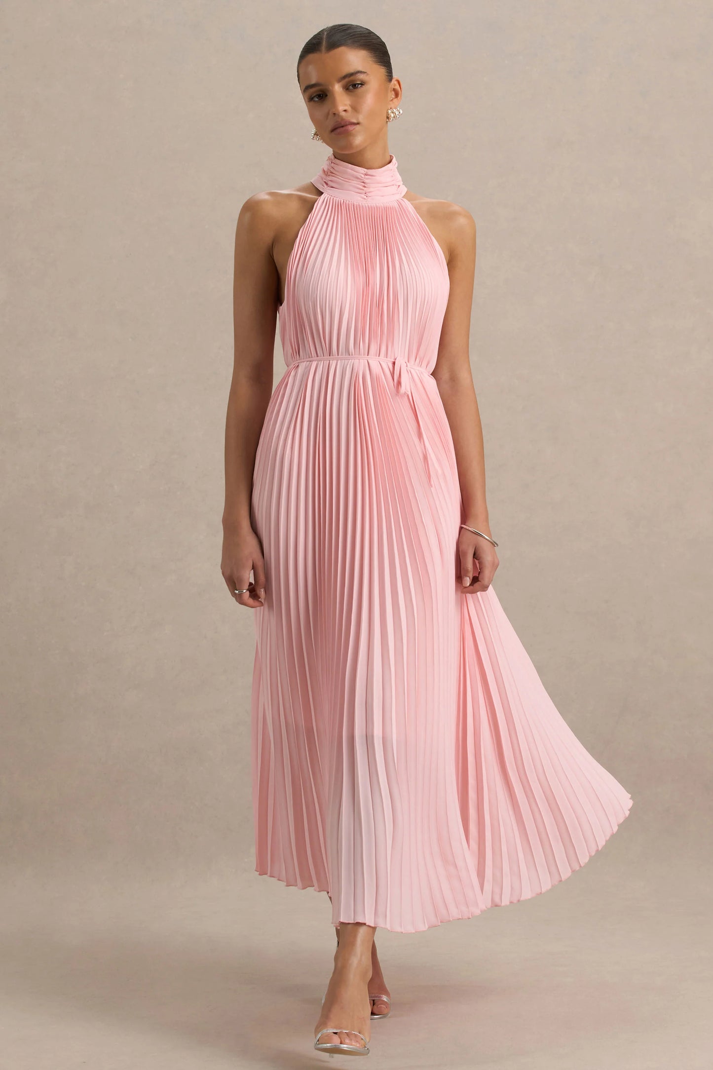 Tulip Blush Pink Pleated High-Neck Midi Dress