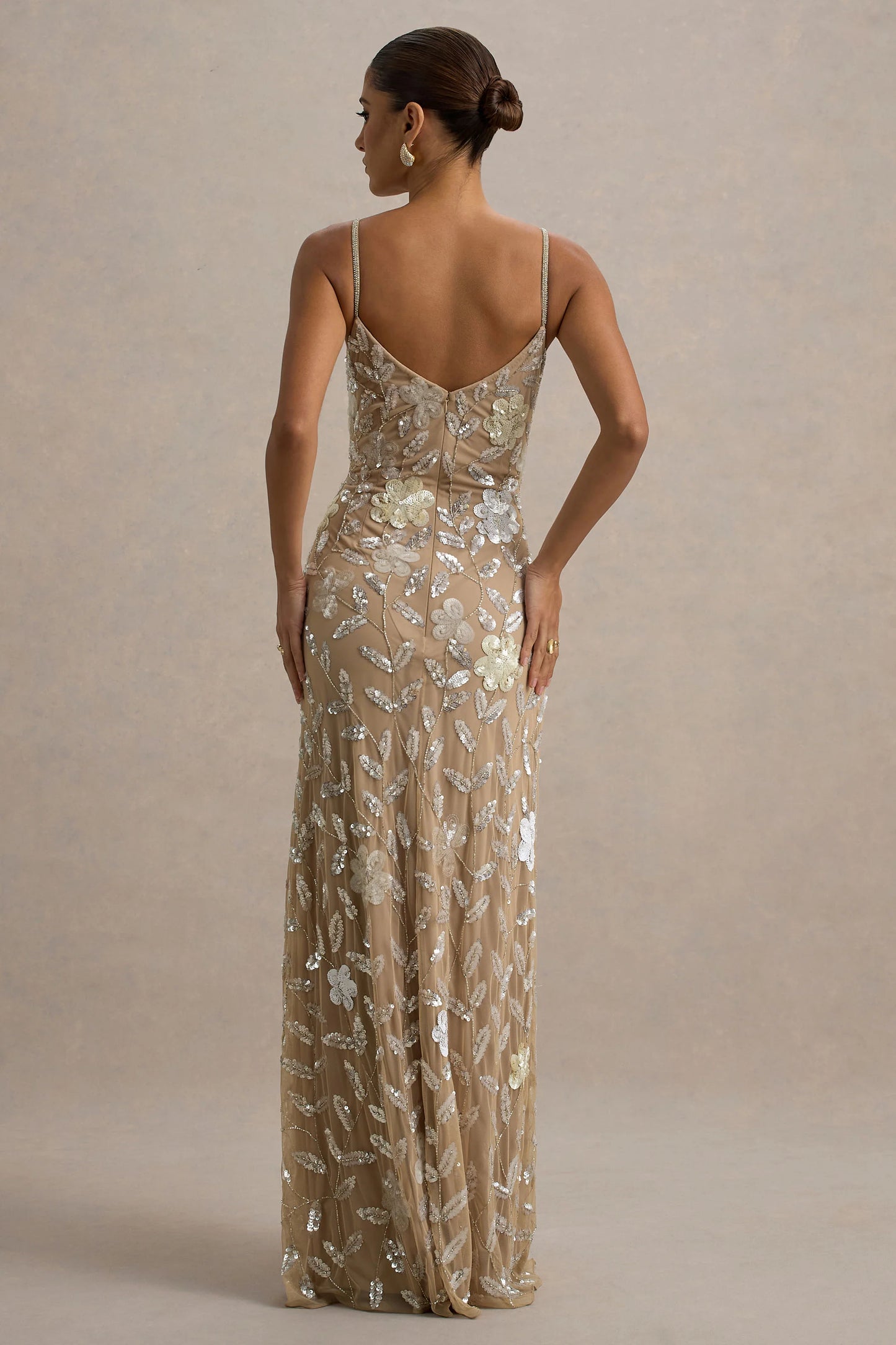 Gemini Floral Sequin Hand-Embellished Strappy Maxi Dress