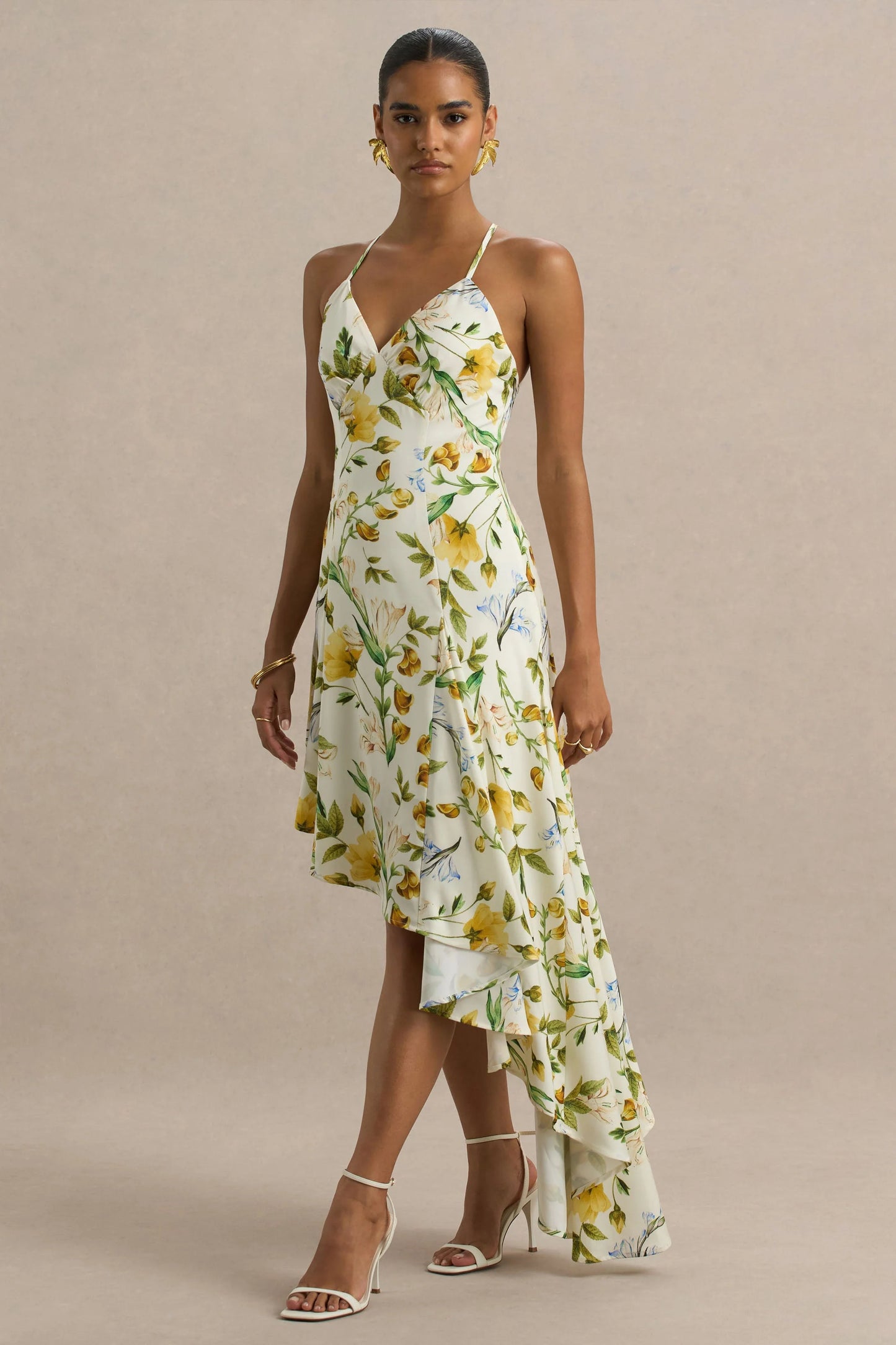 Glint Lemon Floral Print Satin Plunge-Neck Maxi Dress With Asymmetric Hem