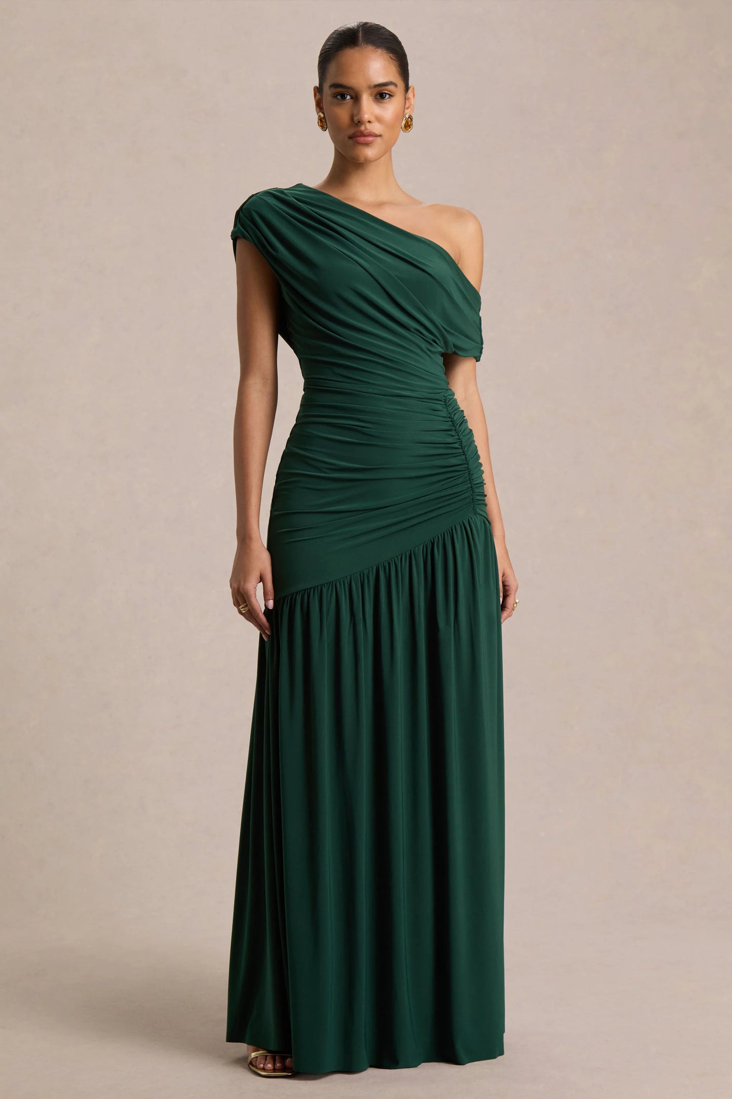 Kady Dark Green Asymmetric-Neck Maxi Dress With Ruched Detailing